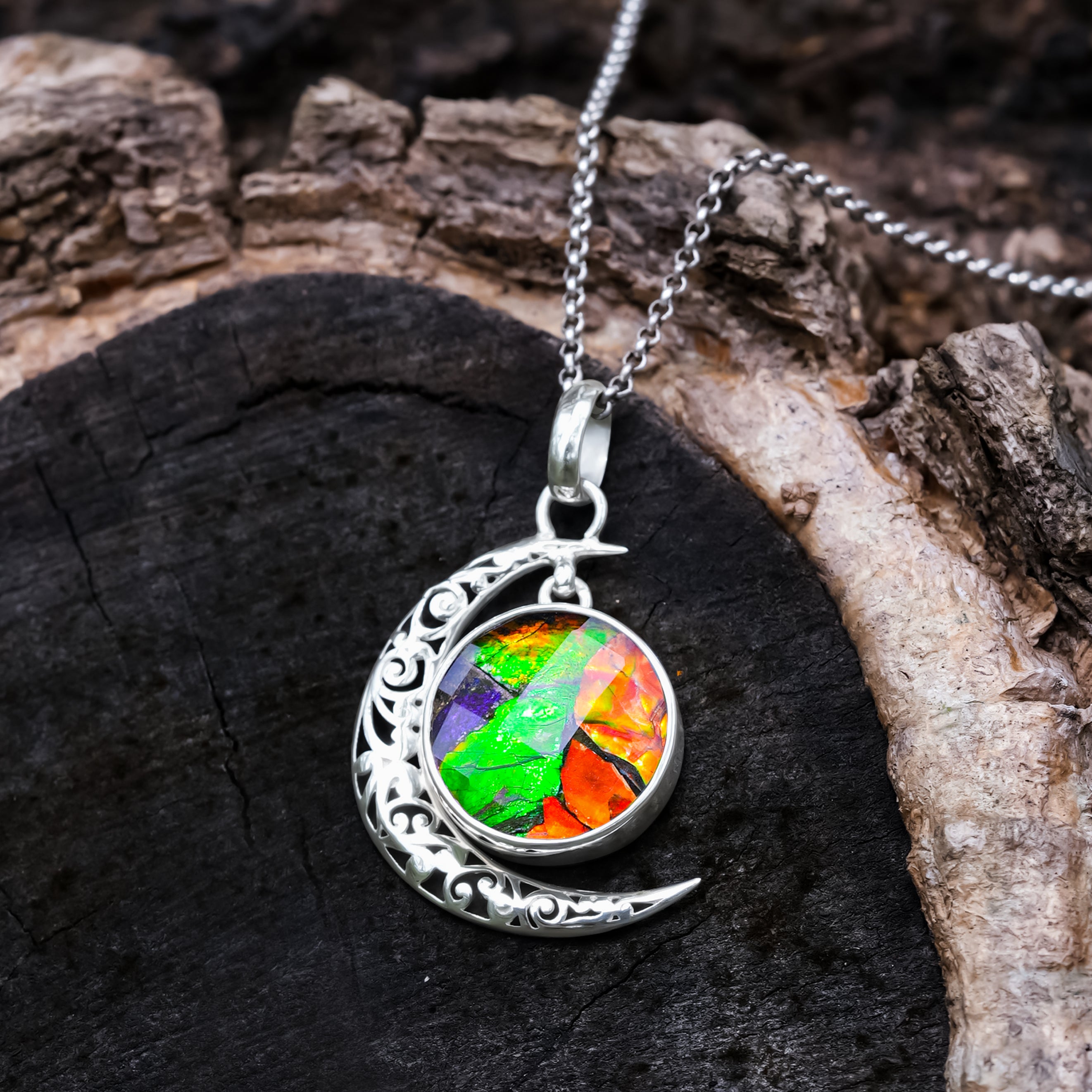 Starborn Faceted Ammolite Doublet with Crescent Moon Accent Pendant in Sterling Silver
