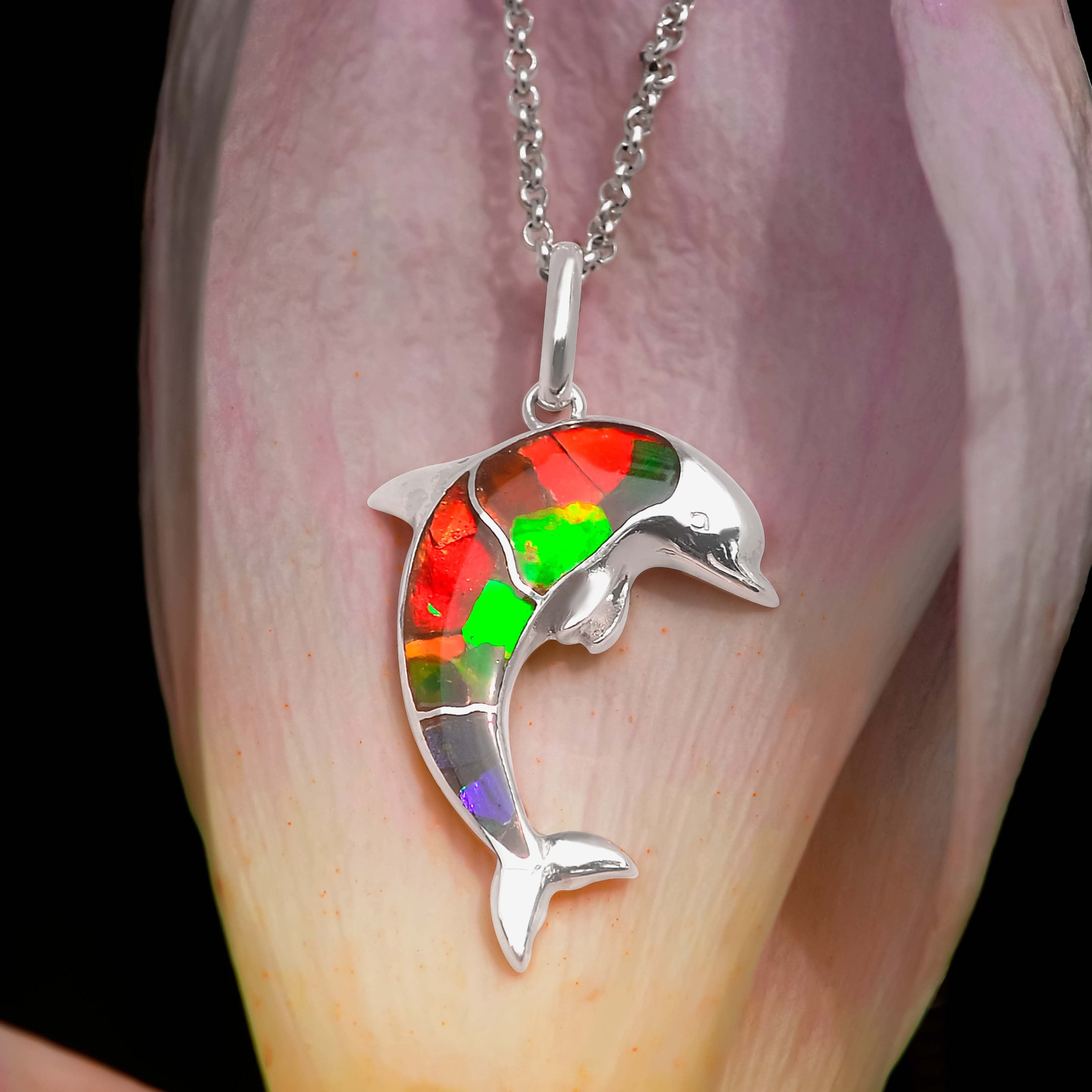 Starborn Gemstone Inlay Dolphin Pendant in Sterling Silver