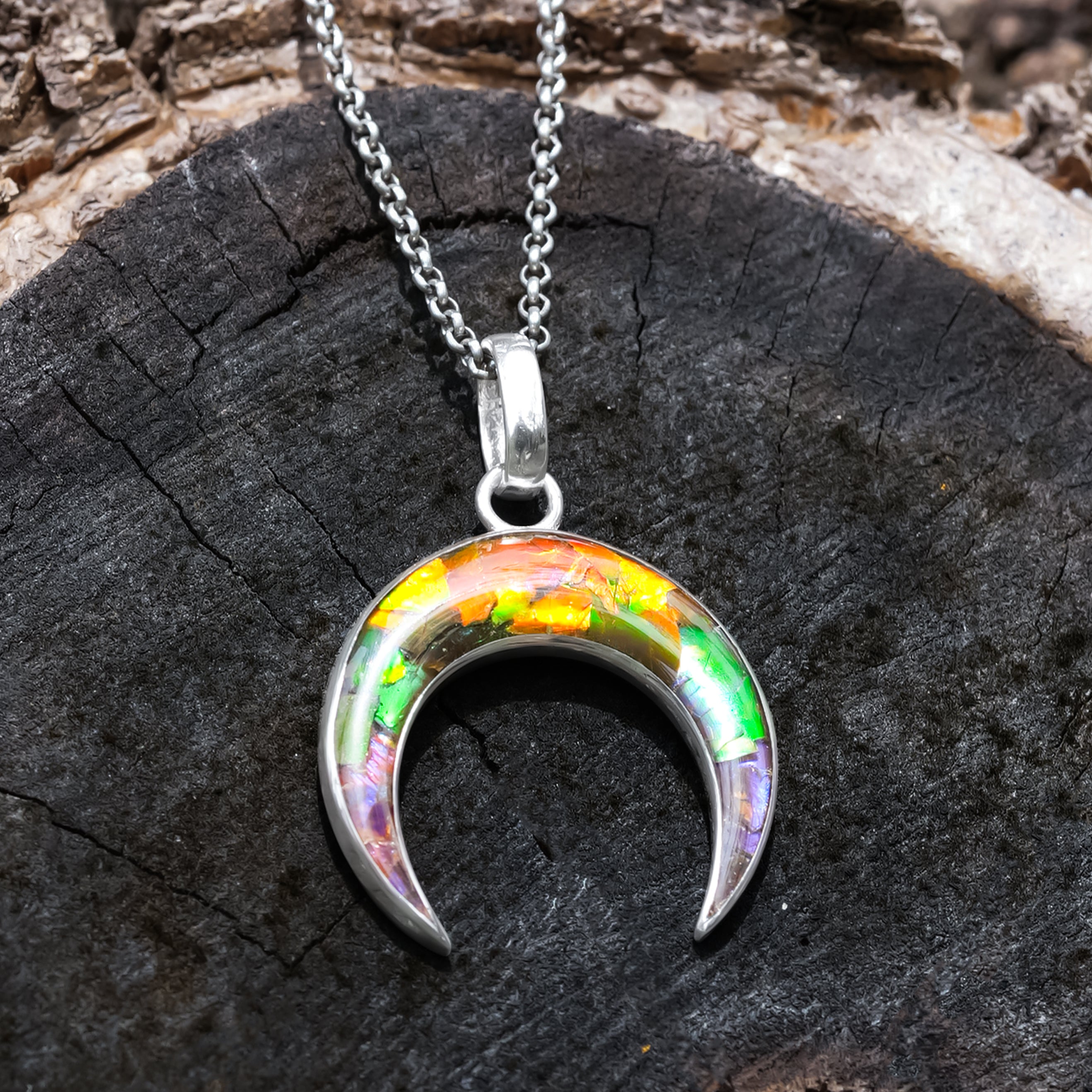 Starborn Ammolite Crescent Moon Pendant in Sterling Silver