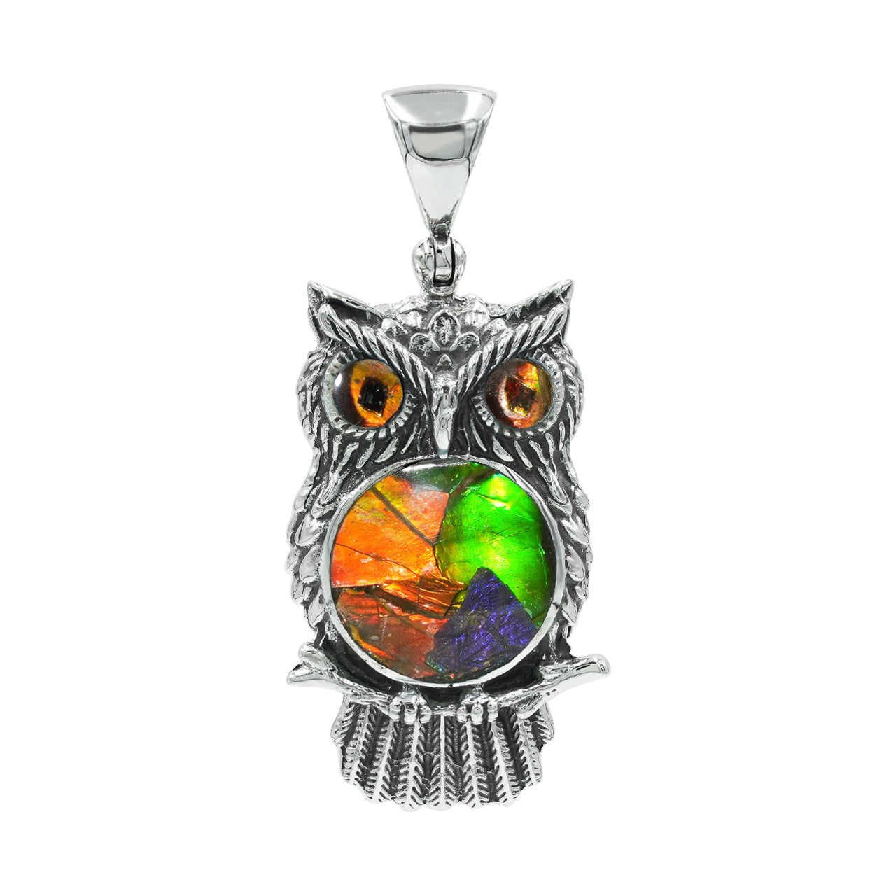 Front view of the owl pendant with a multicolor Ammolite inlay.