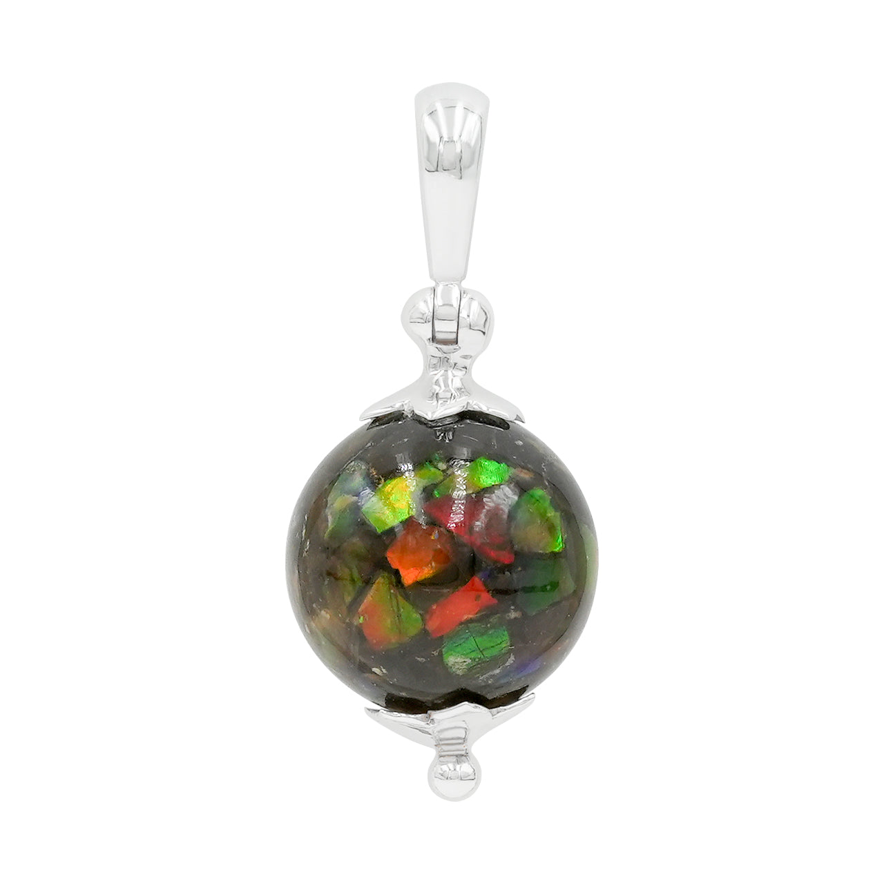 Starborn Ammolite Sphere Flower Cap Pendant in Sterling Silver