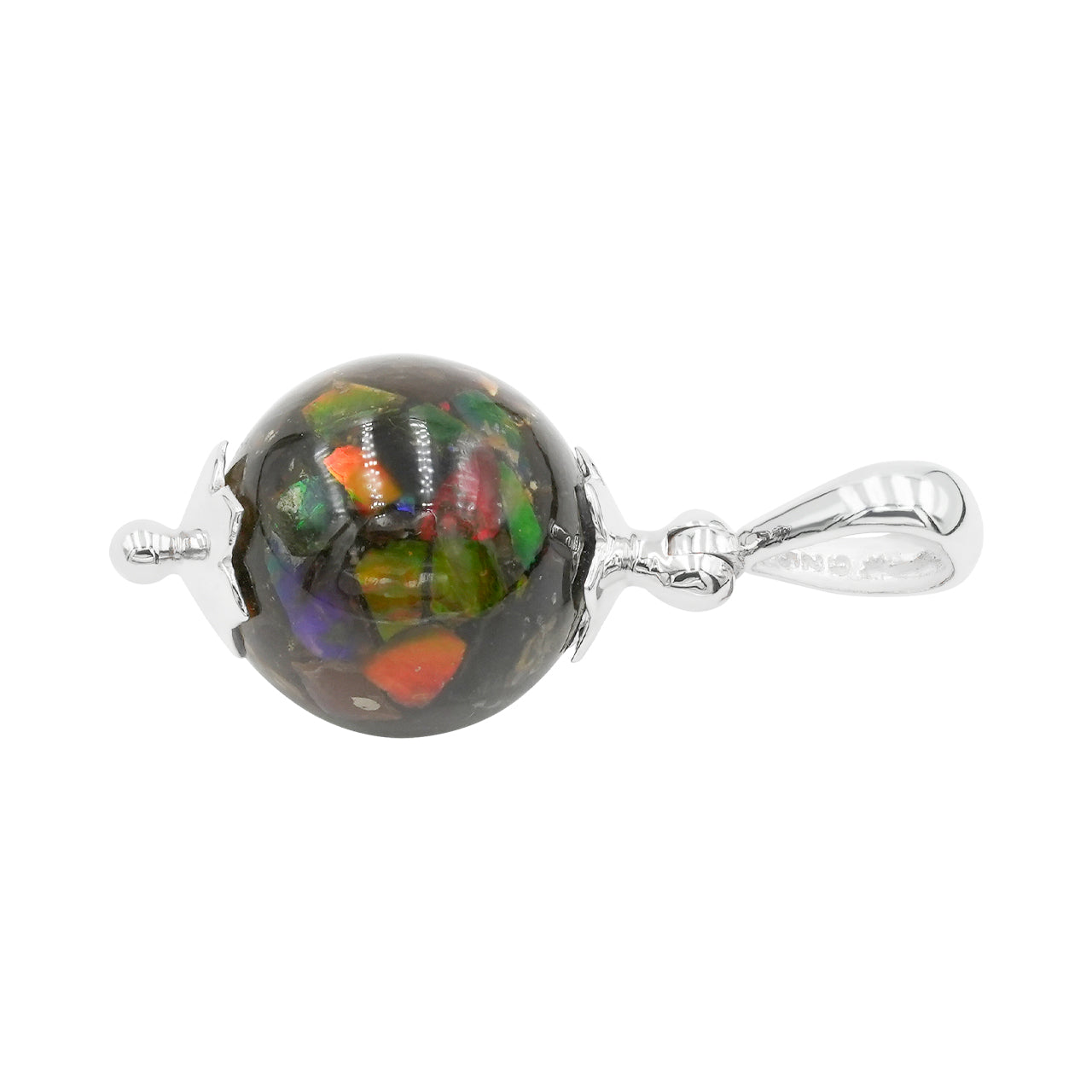 Starborn Ammolite Sphere Flower Cap Pendant in Sterling Silver
