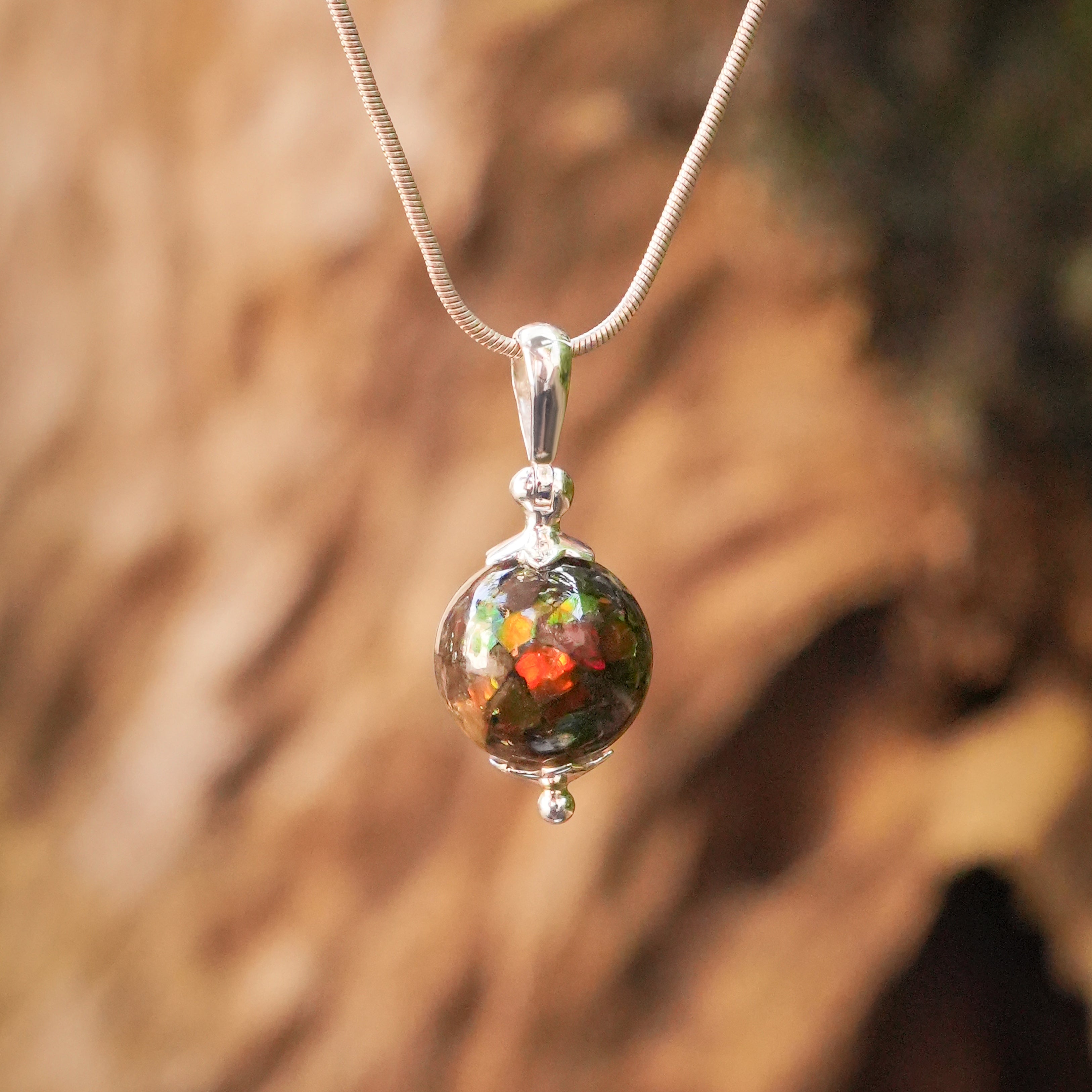 Starborn Ammolite Sphere Flower Cap Pendant in Sterling Silver