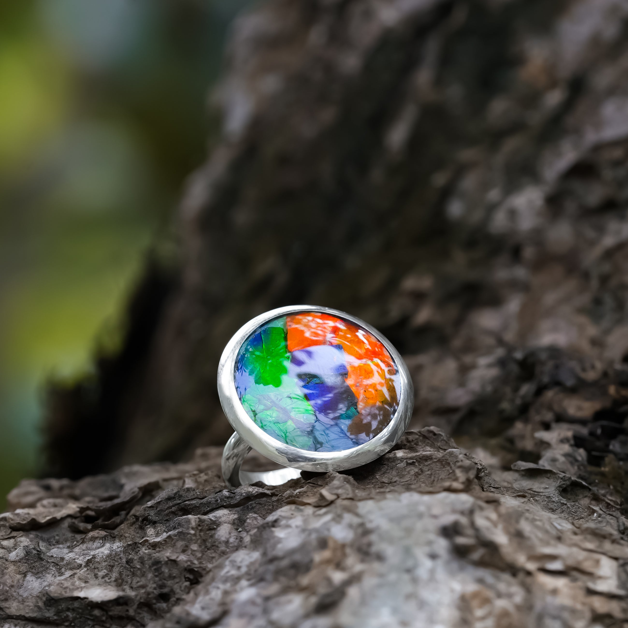 Starborn Ammolite Medallion Style Ring in Sterling Silver