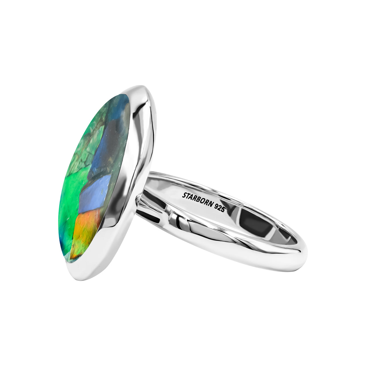 Starborn Ammolite Medallion Style Ring in Sterling Silver
