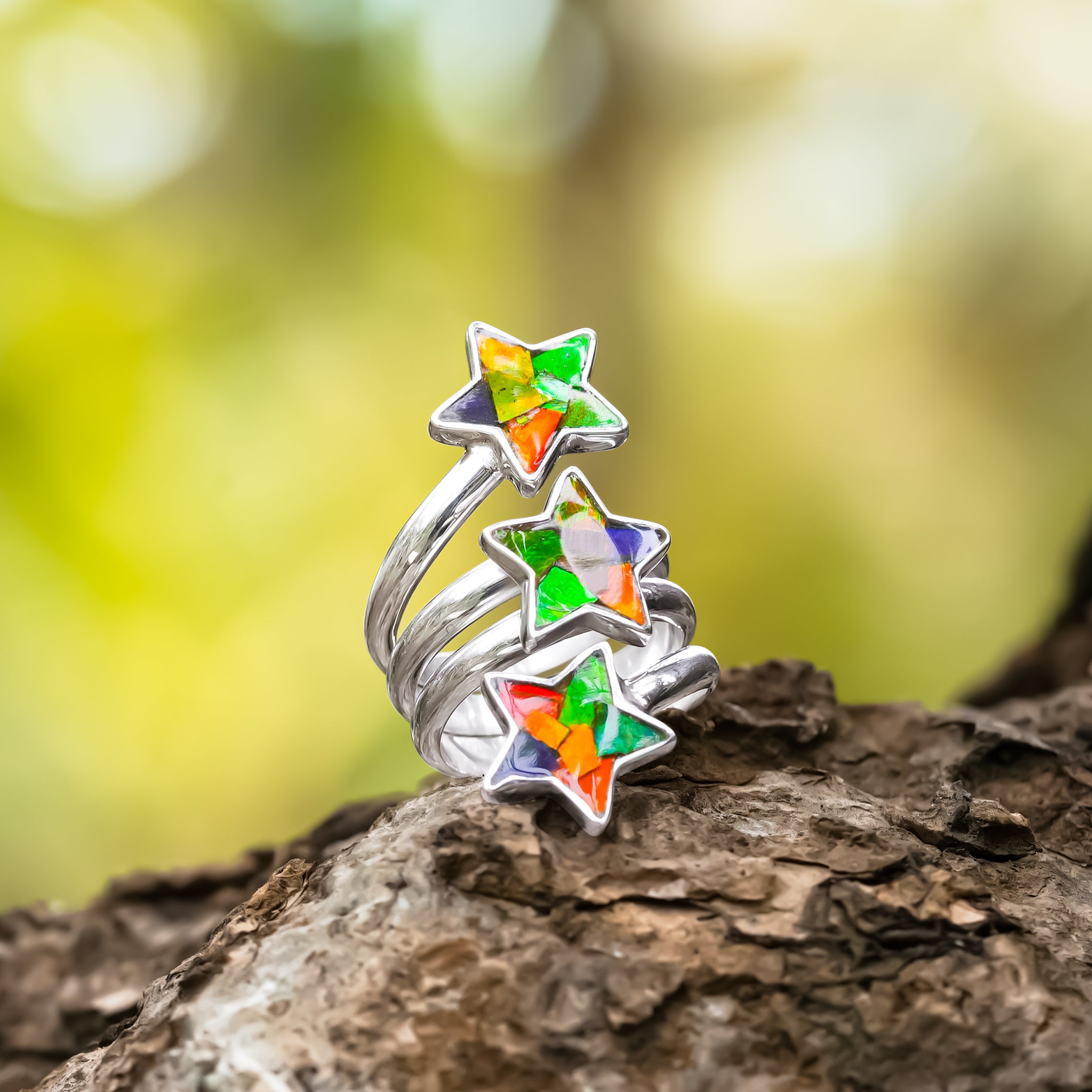 Starborn Ammolite 3-Star Spiral Ring in Sterling Silver