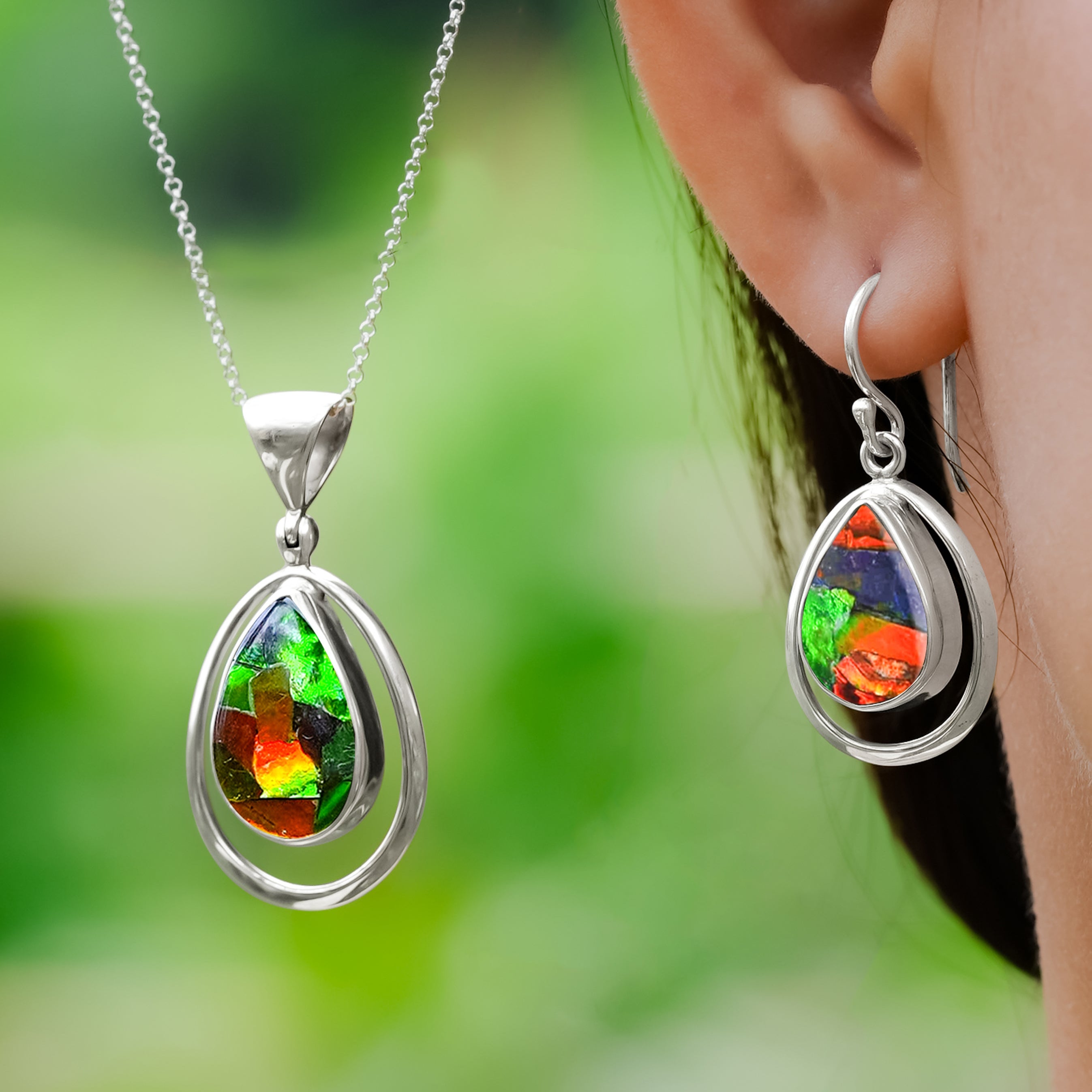 Starborn Ammolite Sterling Silber Anhänger und Ohrring Set