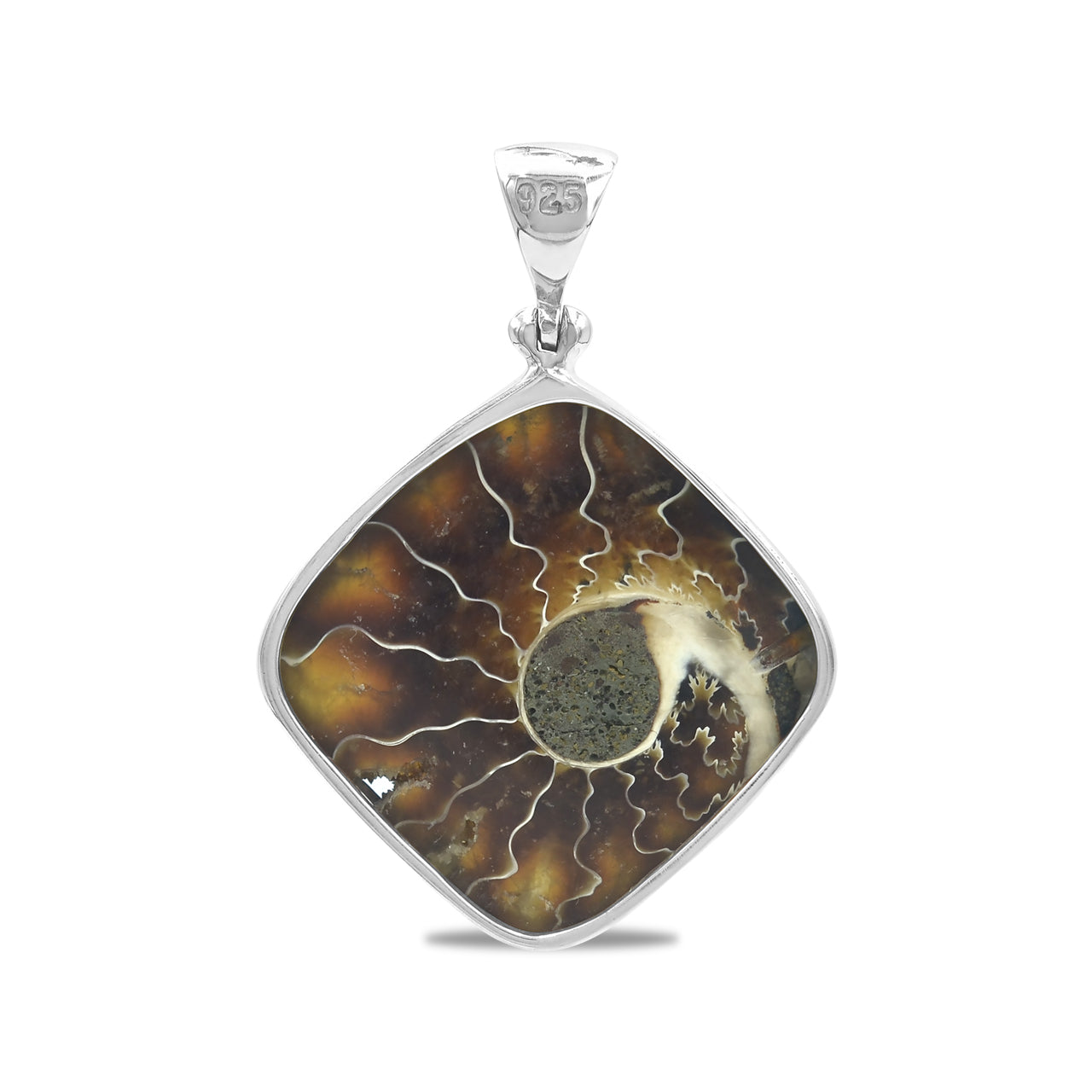 Back view of the fossilized ammonite square pendant showing the reverse side of the shell.