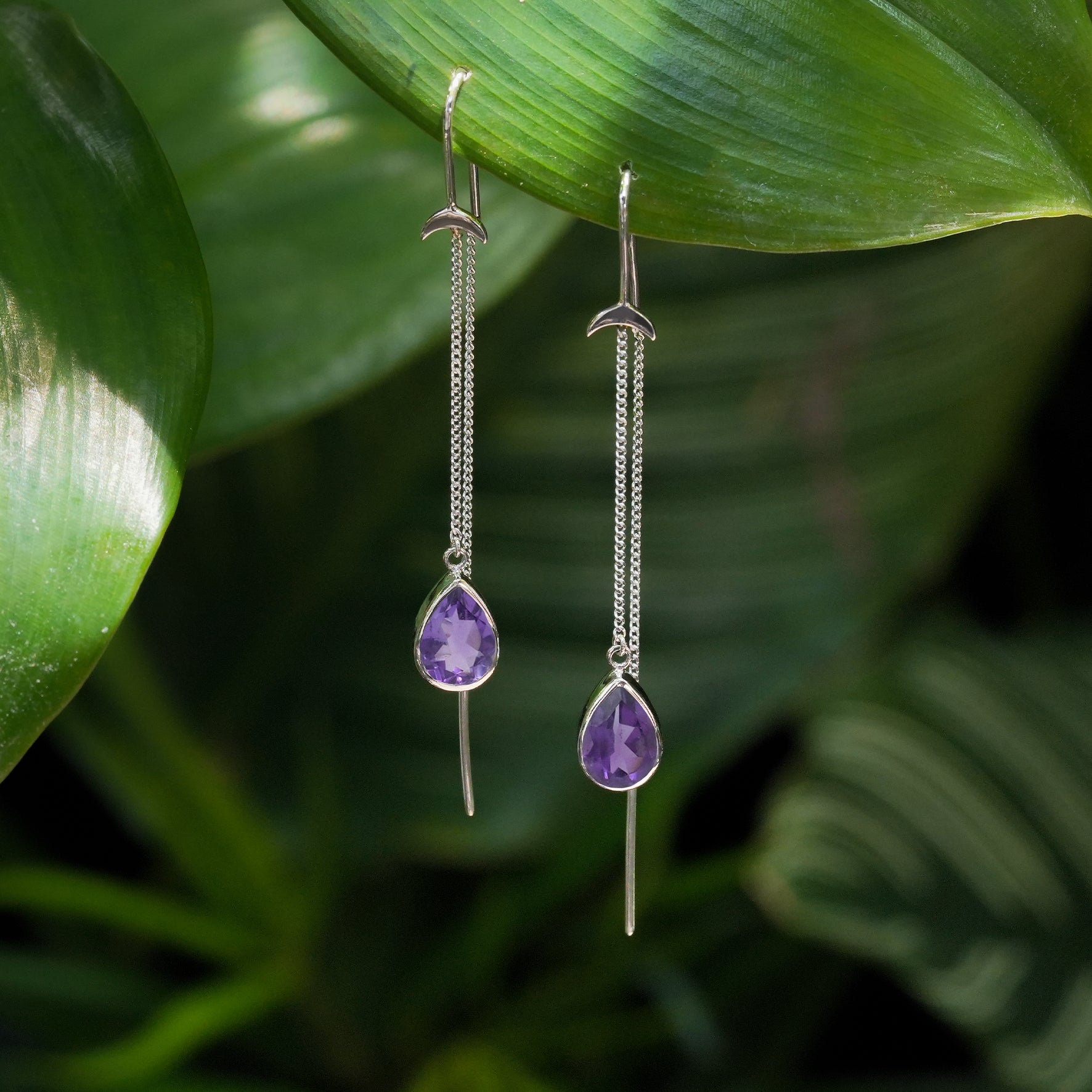 Starborn Amethyst Pear Faceted Threader Earring with Crescent Moon Accents in Sterling Silver