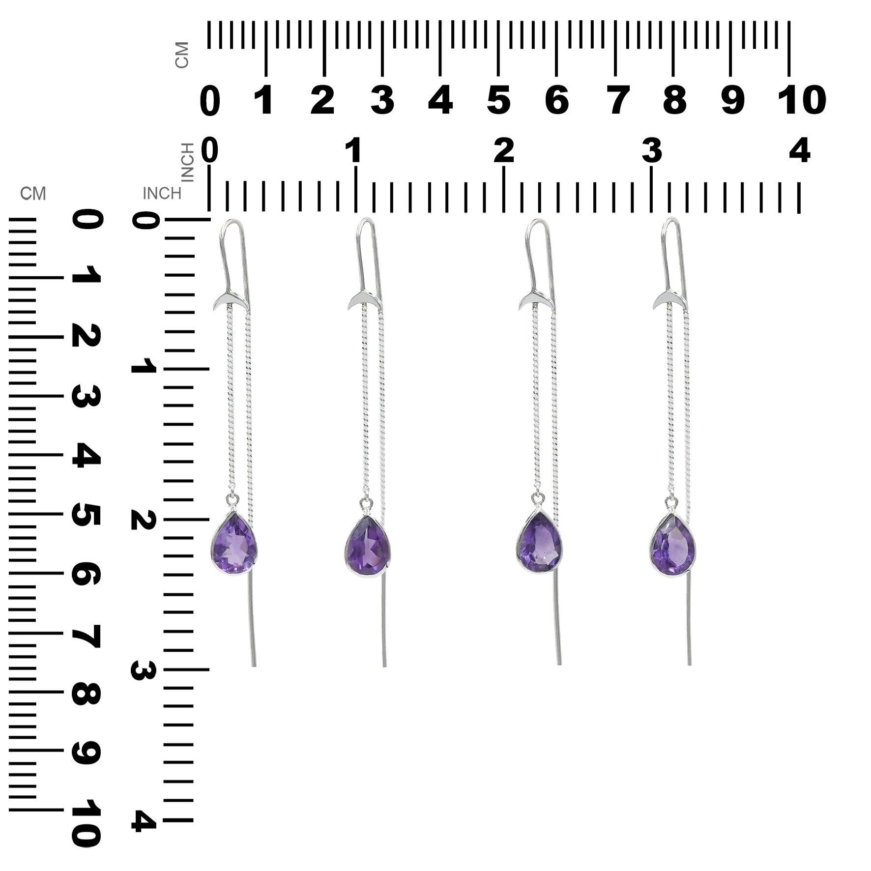 Starborn Amethyst Pear Faceted Threader Earring with Crescent Moon Accents in Sterling Silver