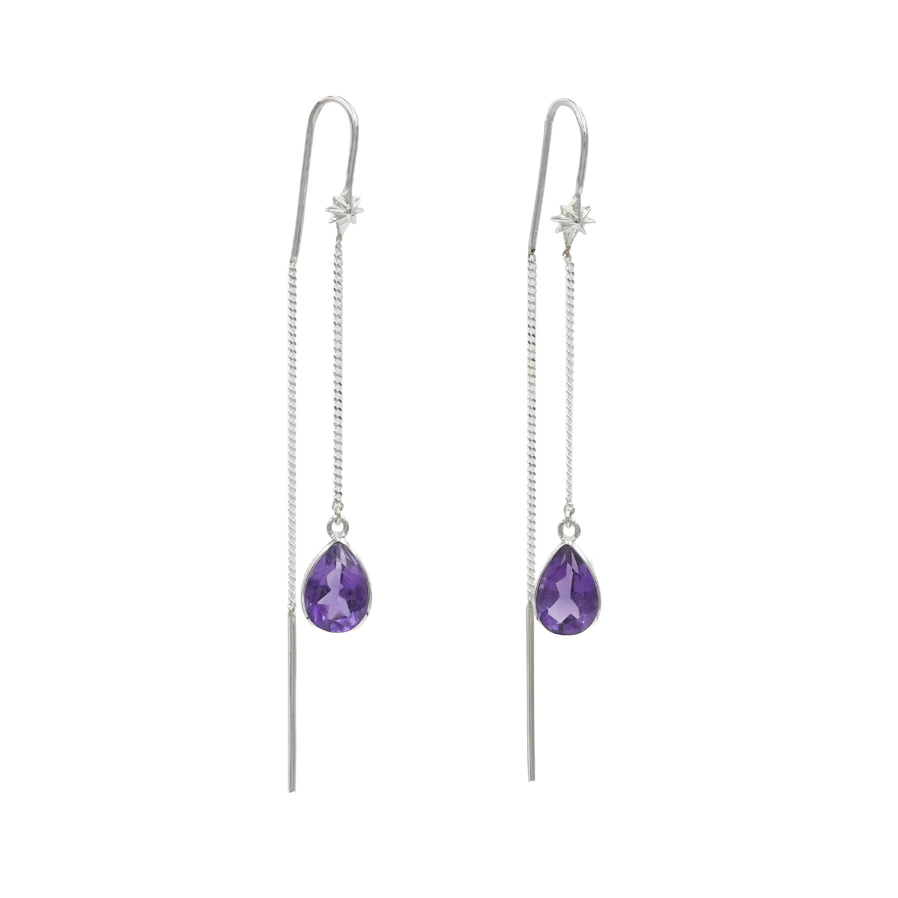 Starborn Amethyst Pear Faceted Threader Earring with Star Accents in Sterling Silver