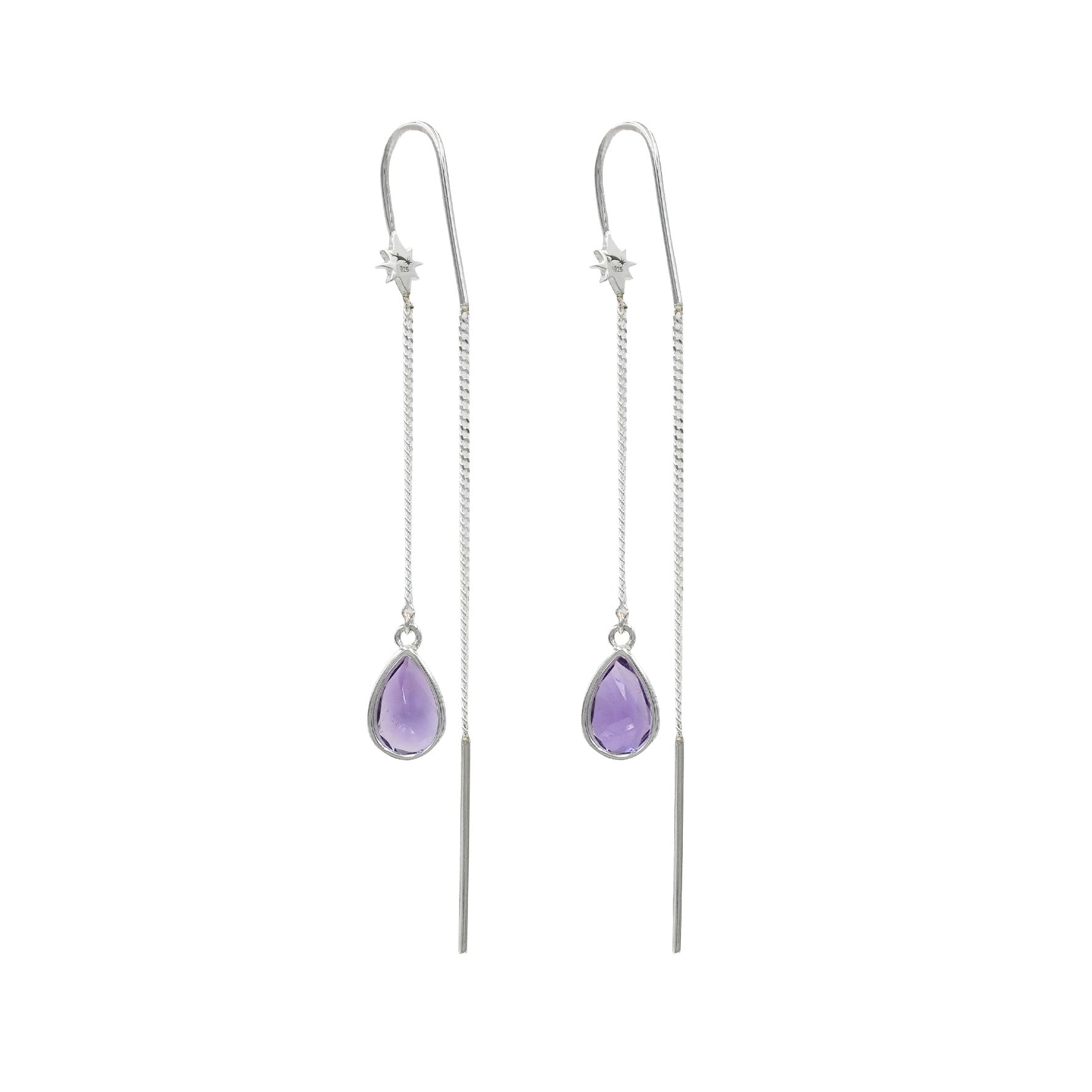 Starborn Amethyst Pear Faceted Threader Earring with Star Accents in Sterling Silver