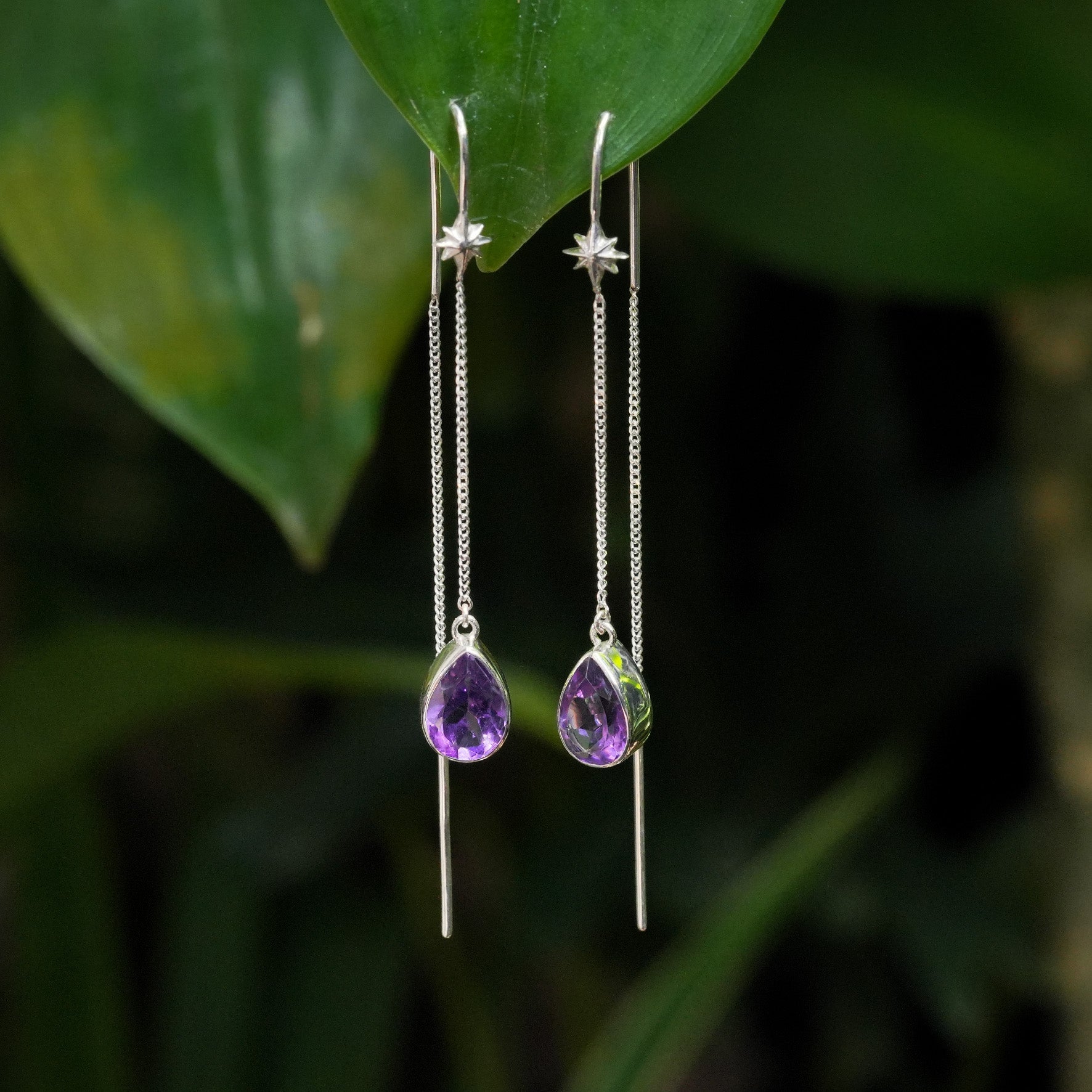 Starborn Amethyst Pear Faceted Threader Earring with Star Accents in Sterling Silver