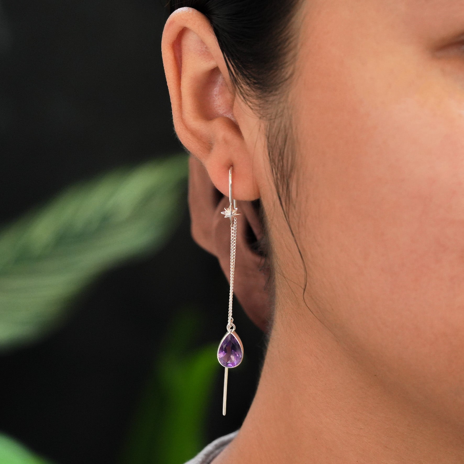 Starborn Amethyst Pear Faceted Threader Earring with Star Accents in Sterling Silver