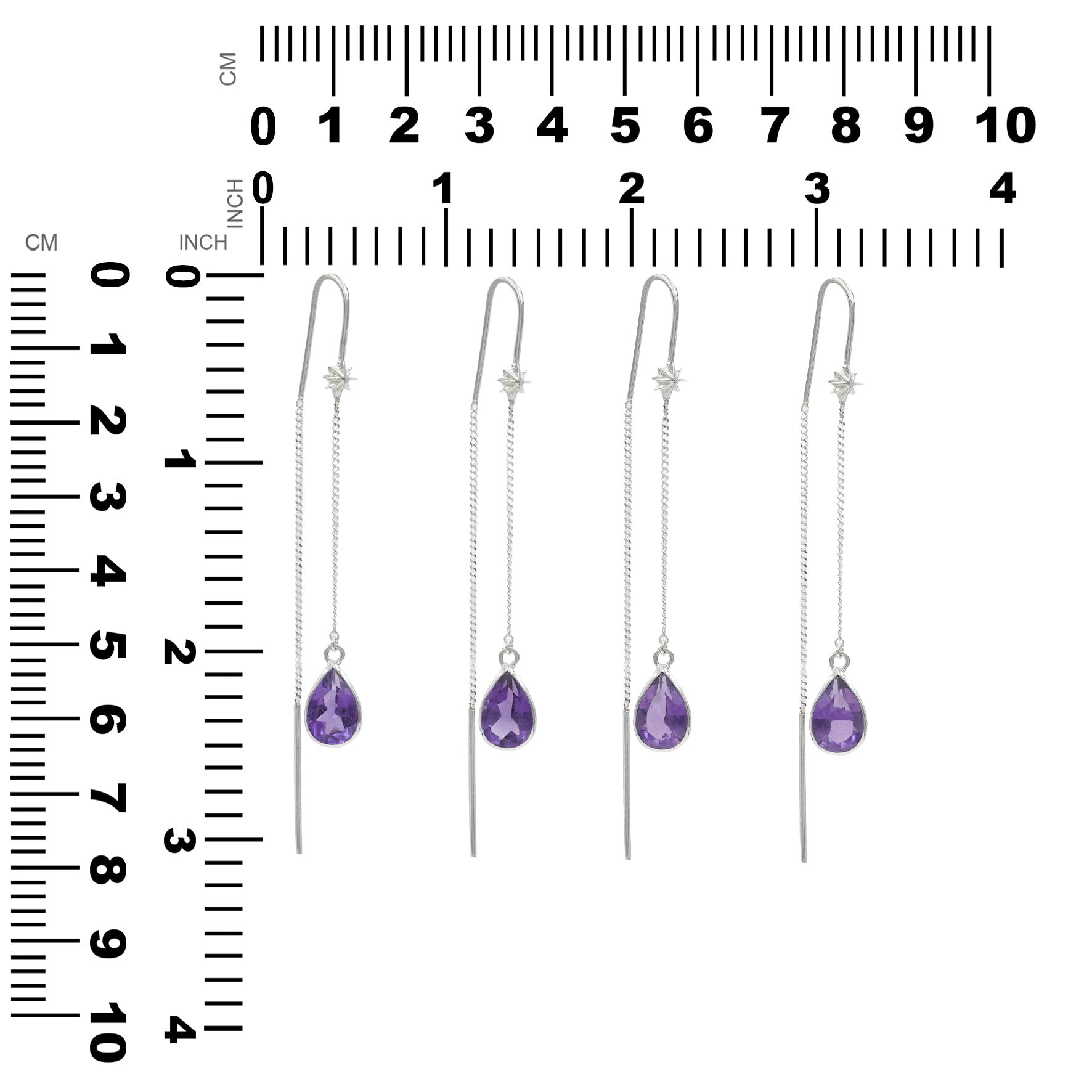 Starborn Amethyst Pear Faceted Threader Earring with Star Accents in Sterling Silver