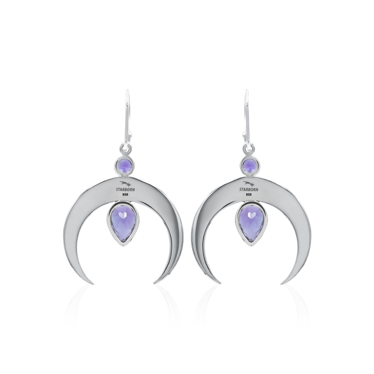 Starborn Crescent Moon Filigree with Pear Faceted Gemstone Dangle Earrings in Sterling Silver