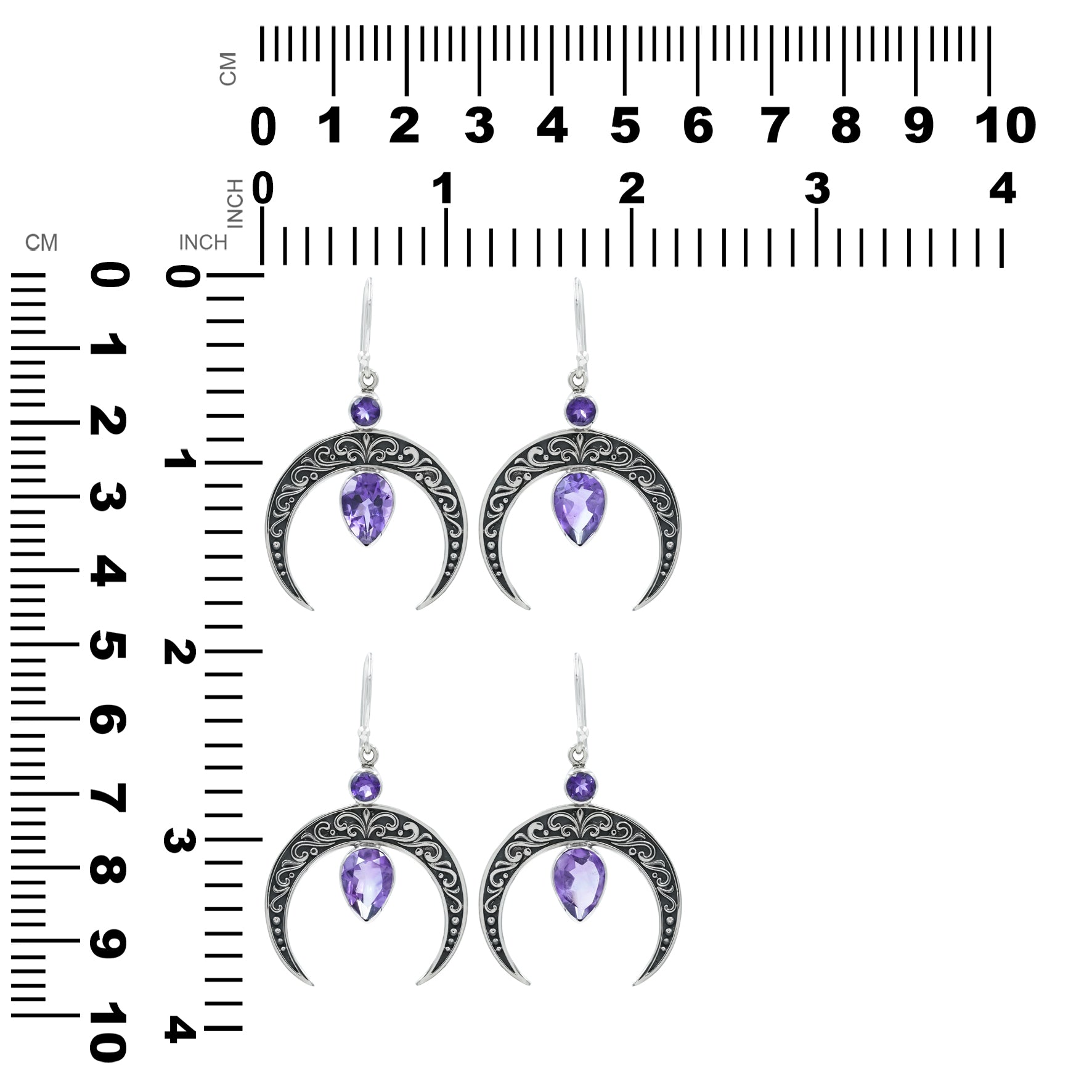 Starborn Crescent Moon Filigree with Pear Faceted Gemstone Dangle Earrings in Sterling Silver