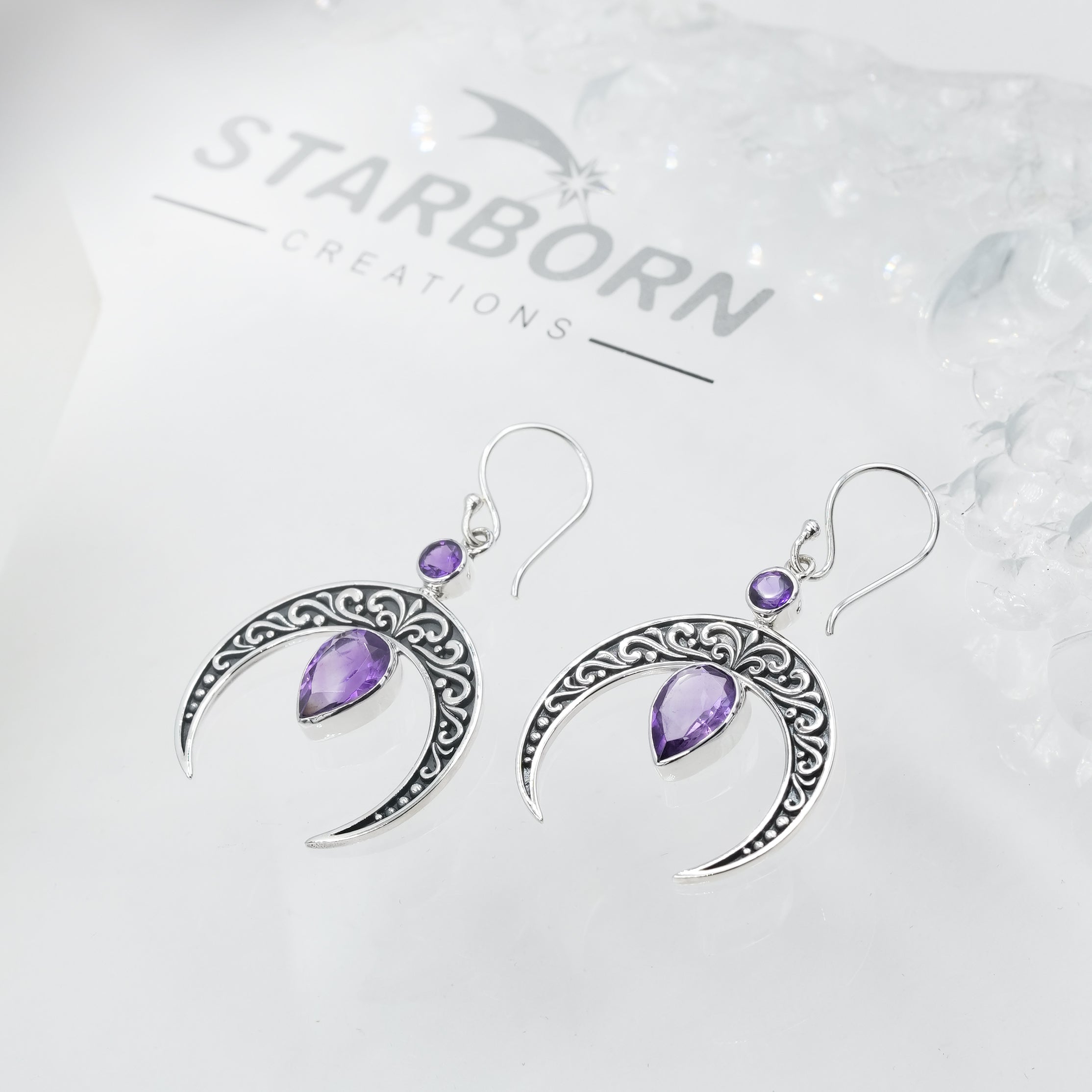 Starborn Crescent Moon Filigree with Pear Faceted Amethyst Dangle Earrings in Sterling Silver