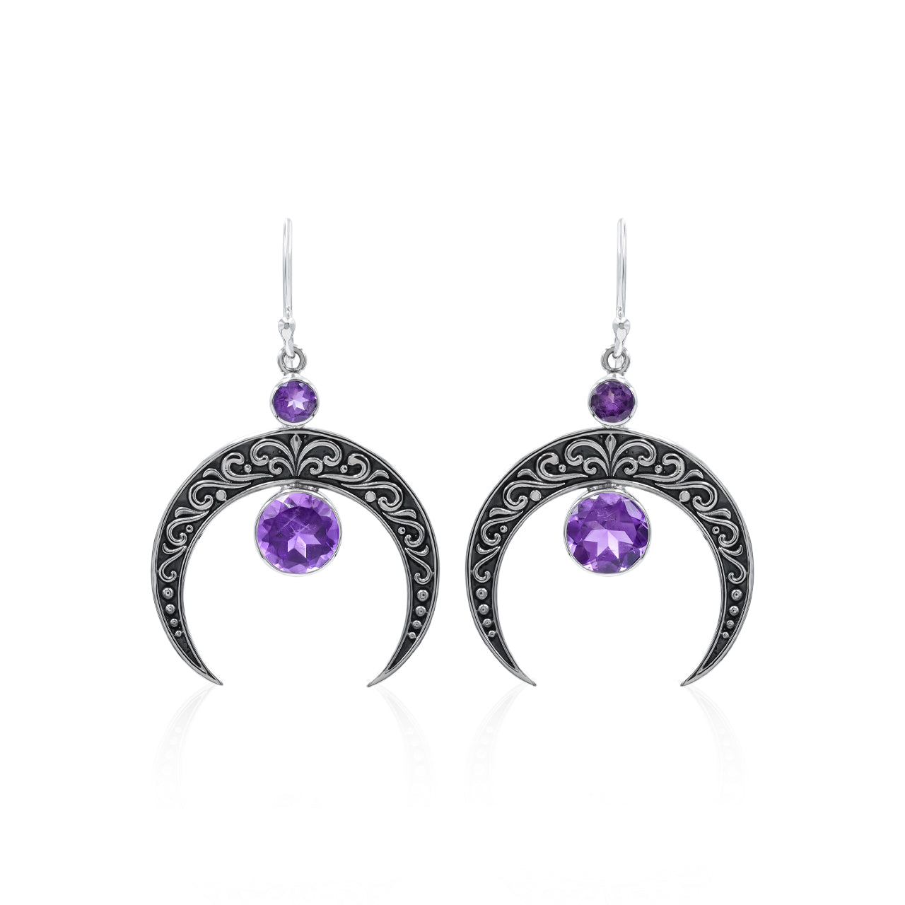 Starborn Crescent Moon Filigree with Round Faceted Gemstone Dangle Earrings in Sterling Silver