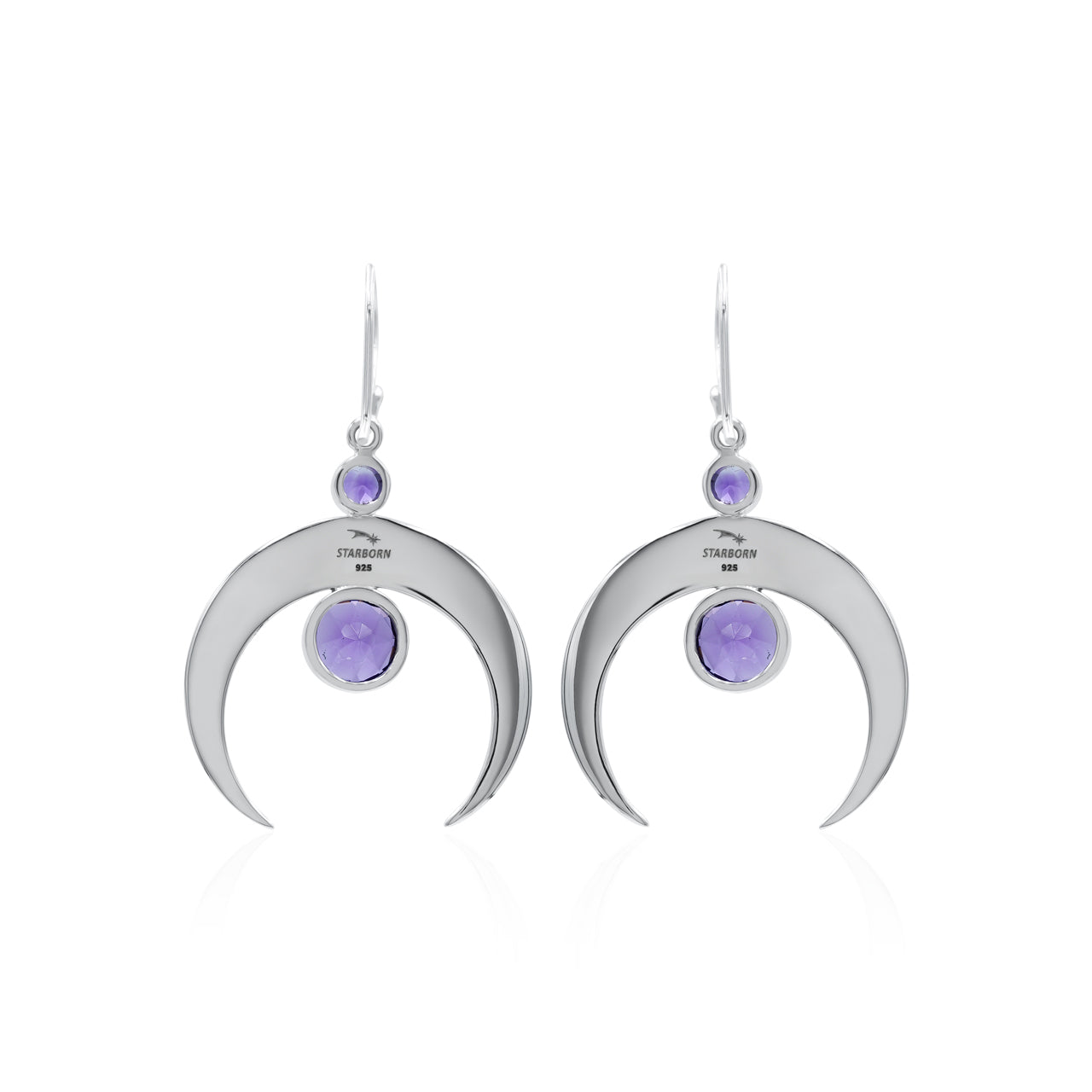 Starborn Crescent Moon Filigree with Round Faceted Gemstone Dangle Earrings in Sterling Silver