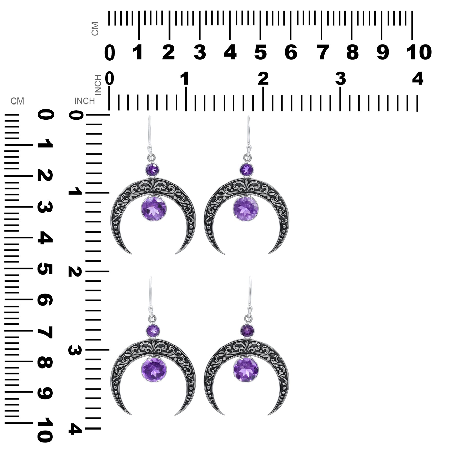 Starborn Crescent Moon Filigree with Round Faceted Gemstone Dangle Earrings in Sterling Silver