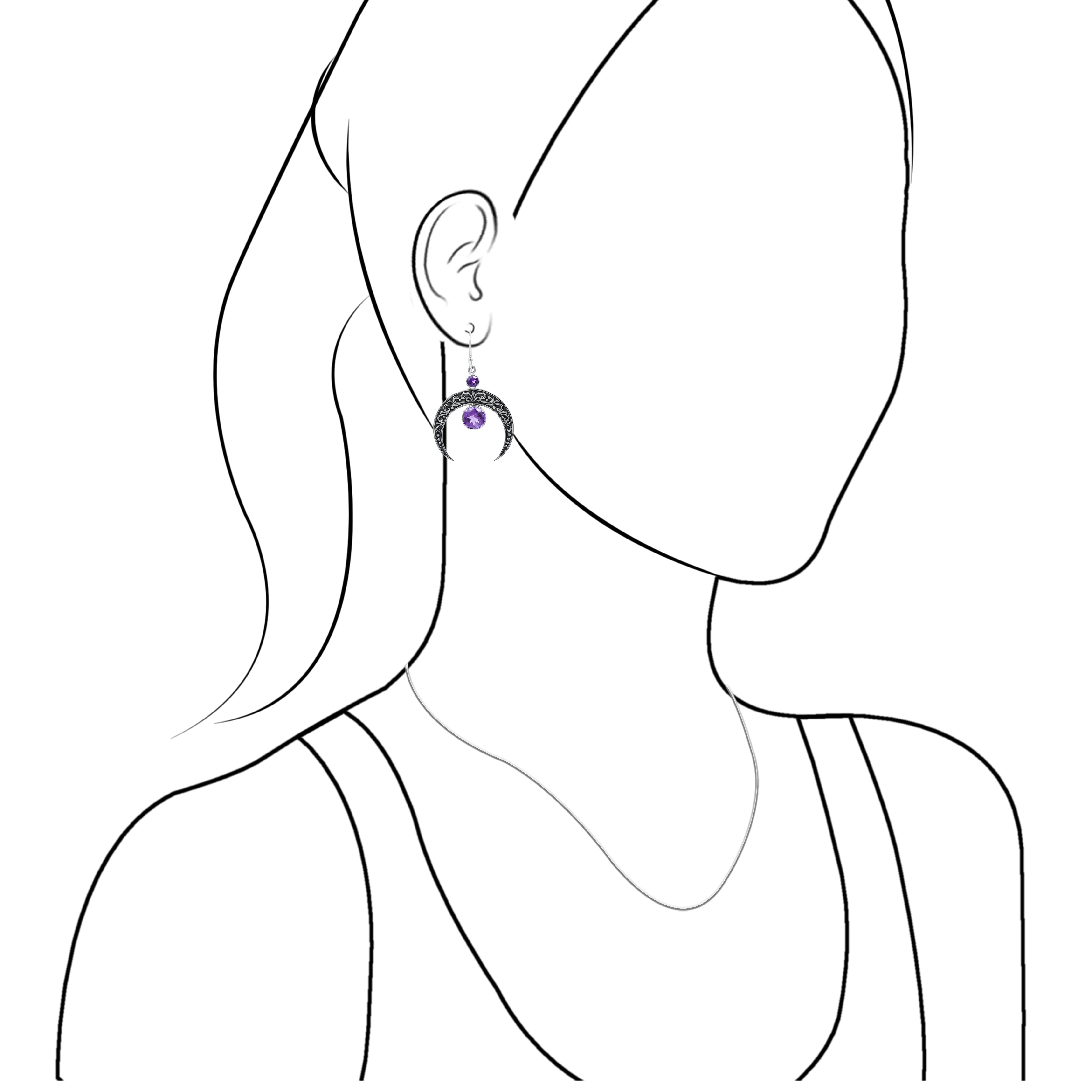 Starborn Crescent Moon Filigree with Round Faceted Gemstone Dangle Earrings in Sterling Silver