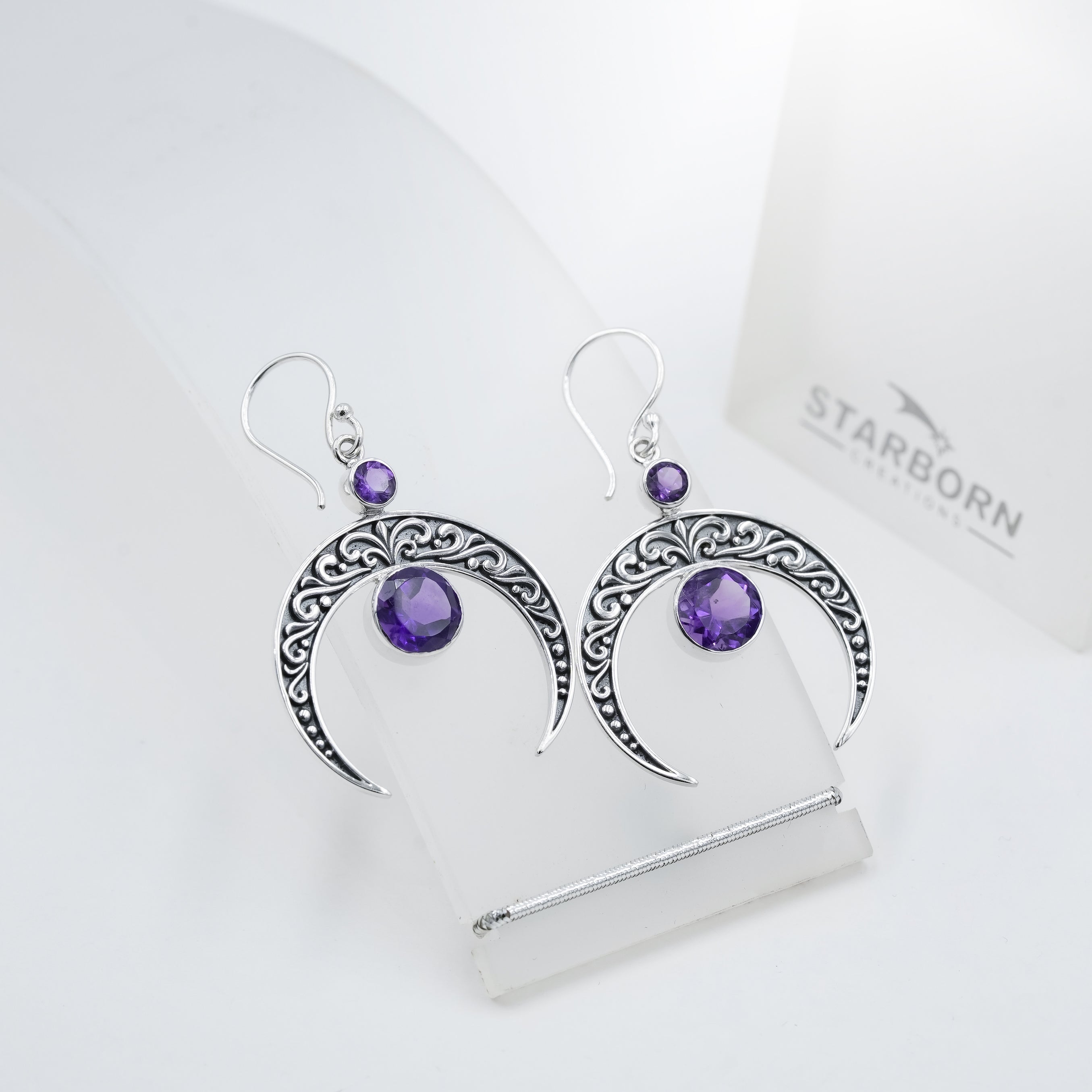 Starborn Crescent Moon Filigree with Round Faceted Gemstone Dangle Earrings in Sterling Silver