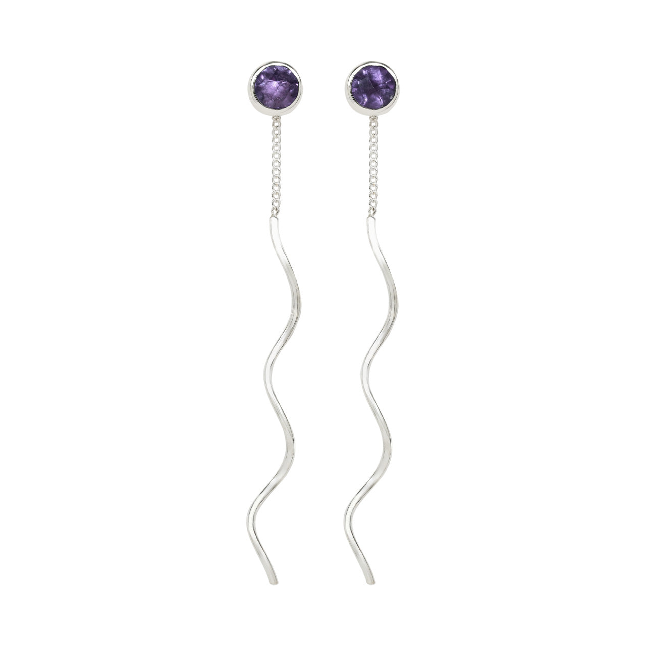 Second front view of faceted amethyst stud earrings with flowing curled sterling silver wire drops.