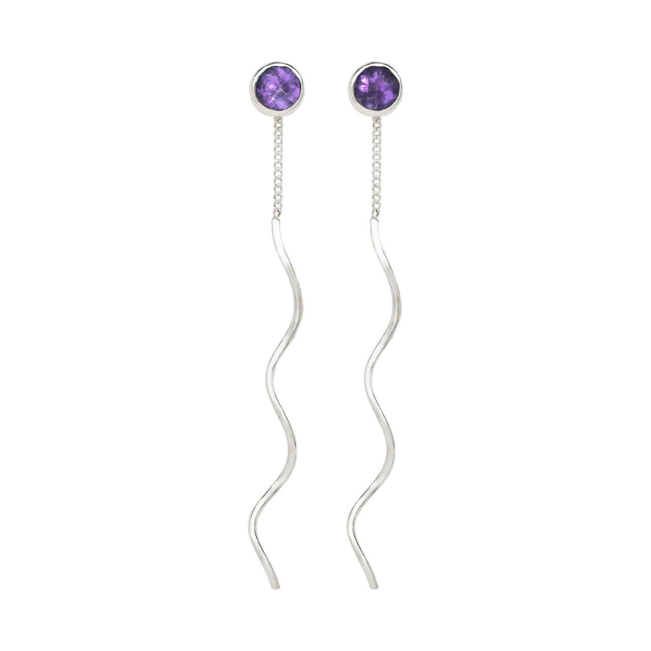 Front view of faceted amethyst stud earrings with flowing curled sterling silver wire drops.