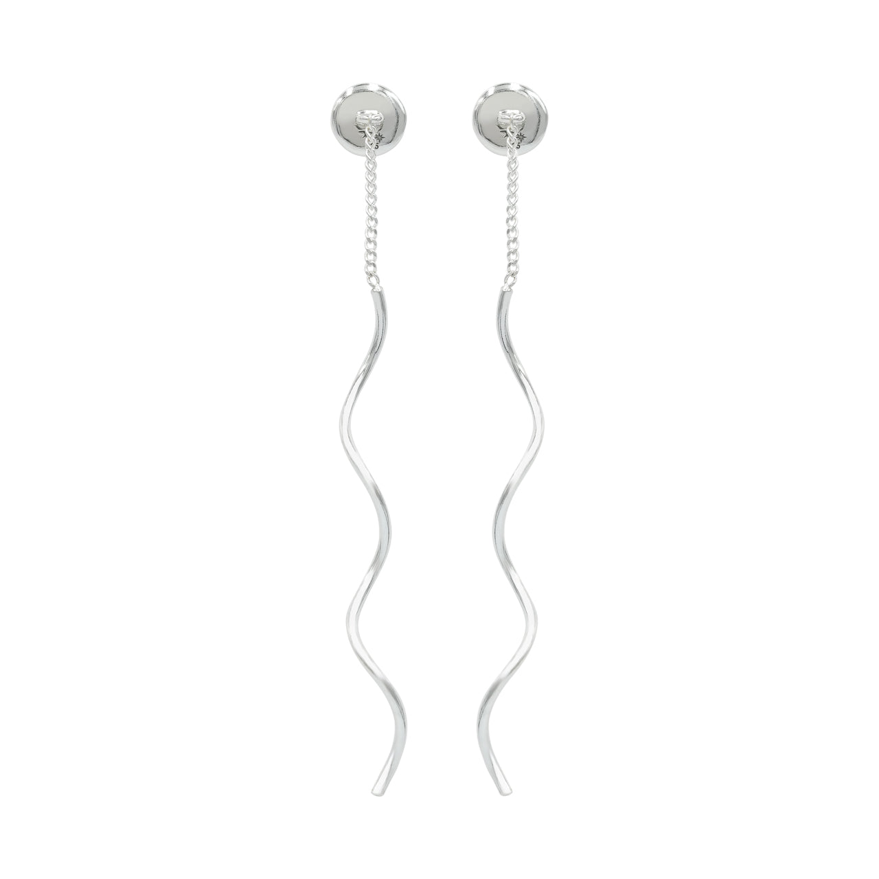 Back view of faceted amethyst stud earrings with flowing curled sterling silver wire drops showing the silver posts and curled wire design