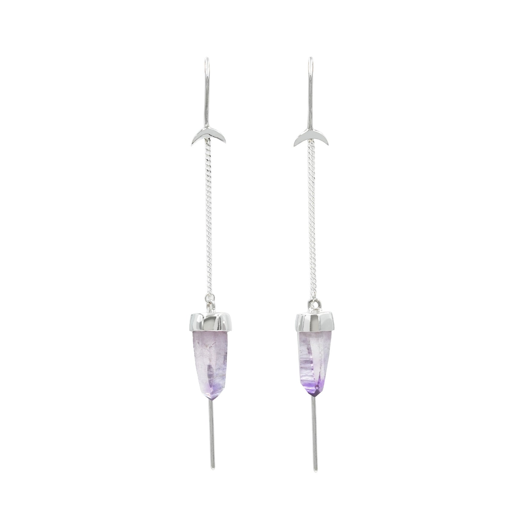 Starborn Vera Cruz Amethyst Crystal Threader Earrings with Crescent Moons Accents in Sterling Silver