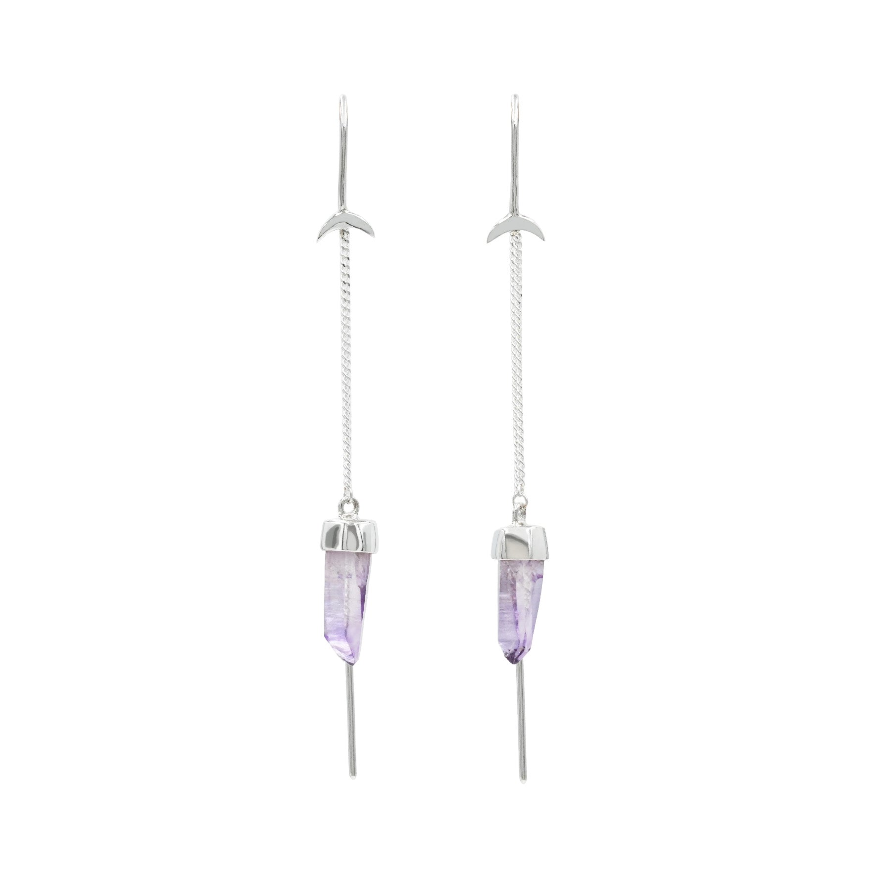 Starborn Vera Cruz Amethyst Crystal Threader Earrings with Crescent Moons Accents in Sterling Silver