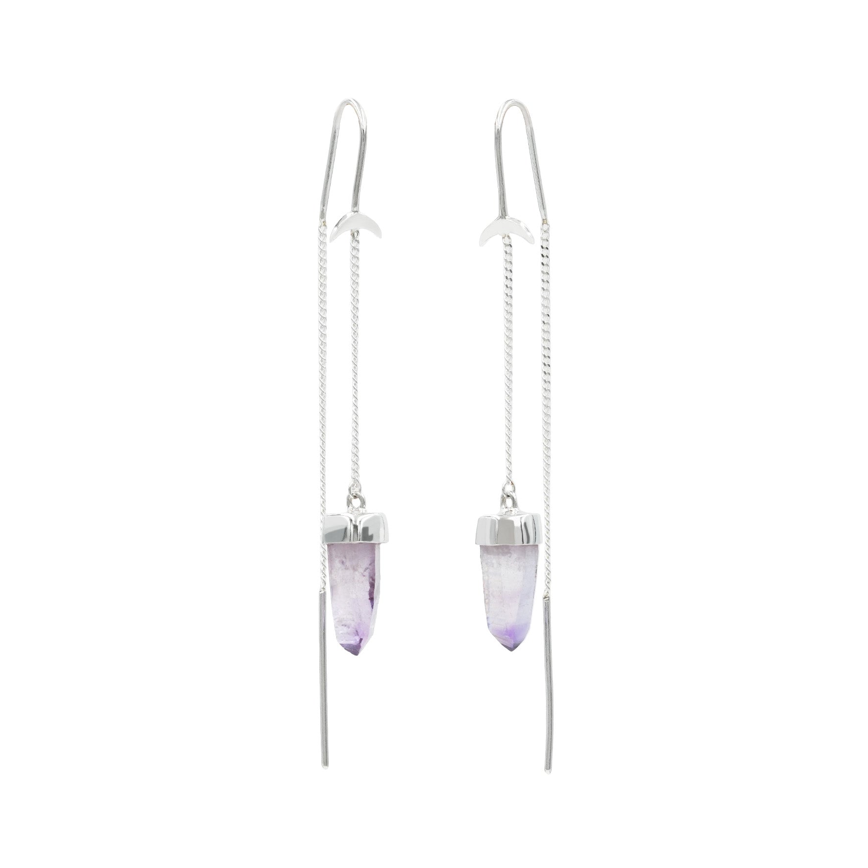 Starborn Vera Cruz Amethyst Crystal Threader Earrings with Crescent Moons Accents in Sterling Silver