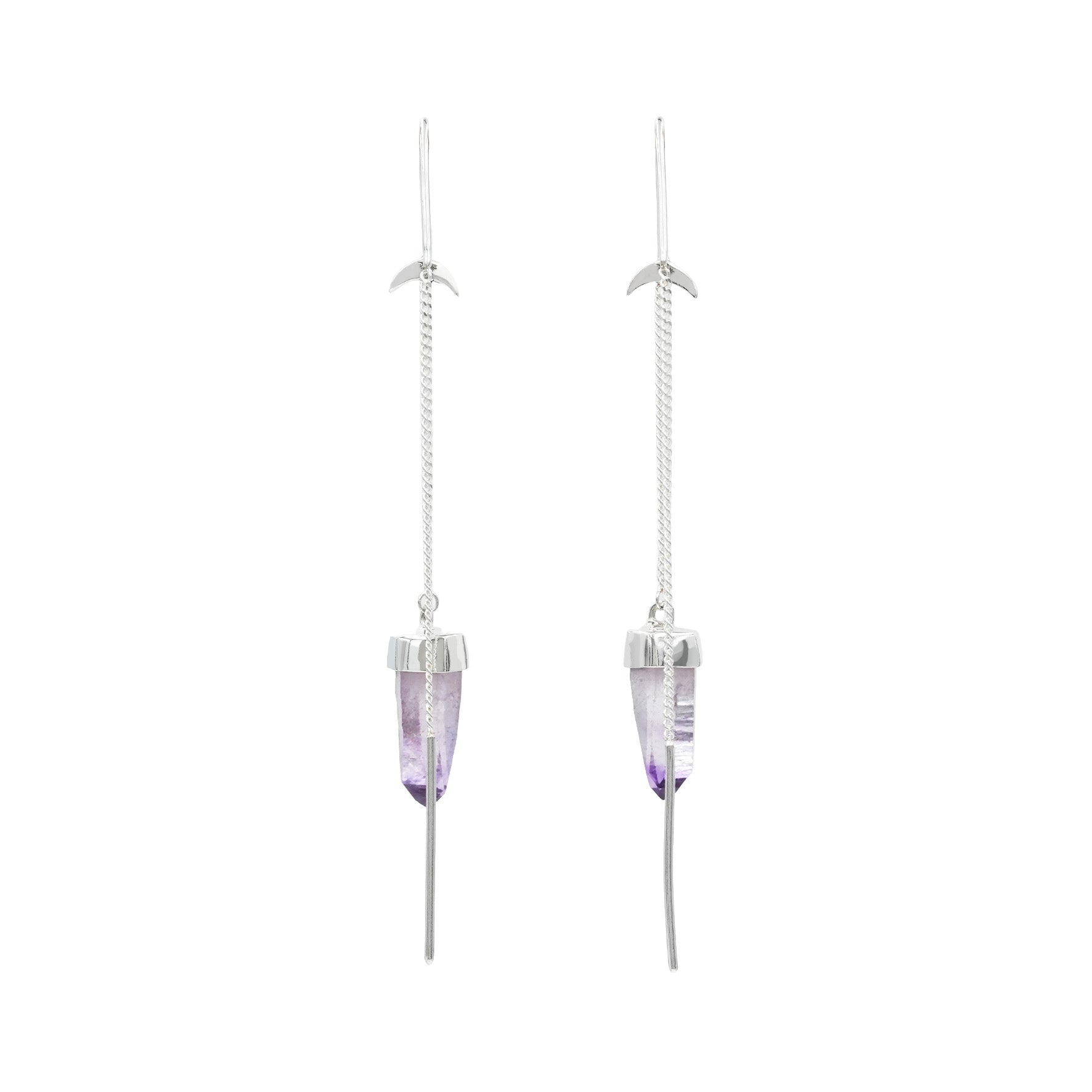 Starborn Vera Cruz Amethyst Crystal Threader Earrings with Crescent Moons Accents in Sterling Silver