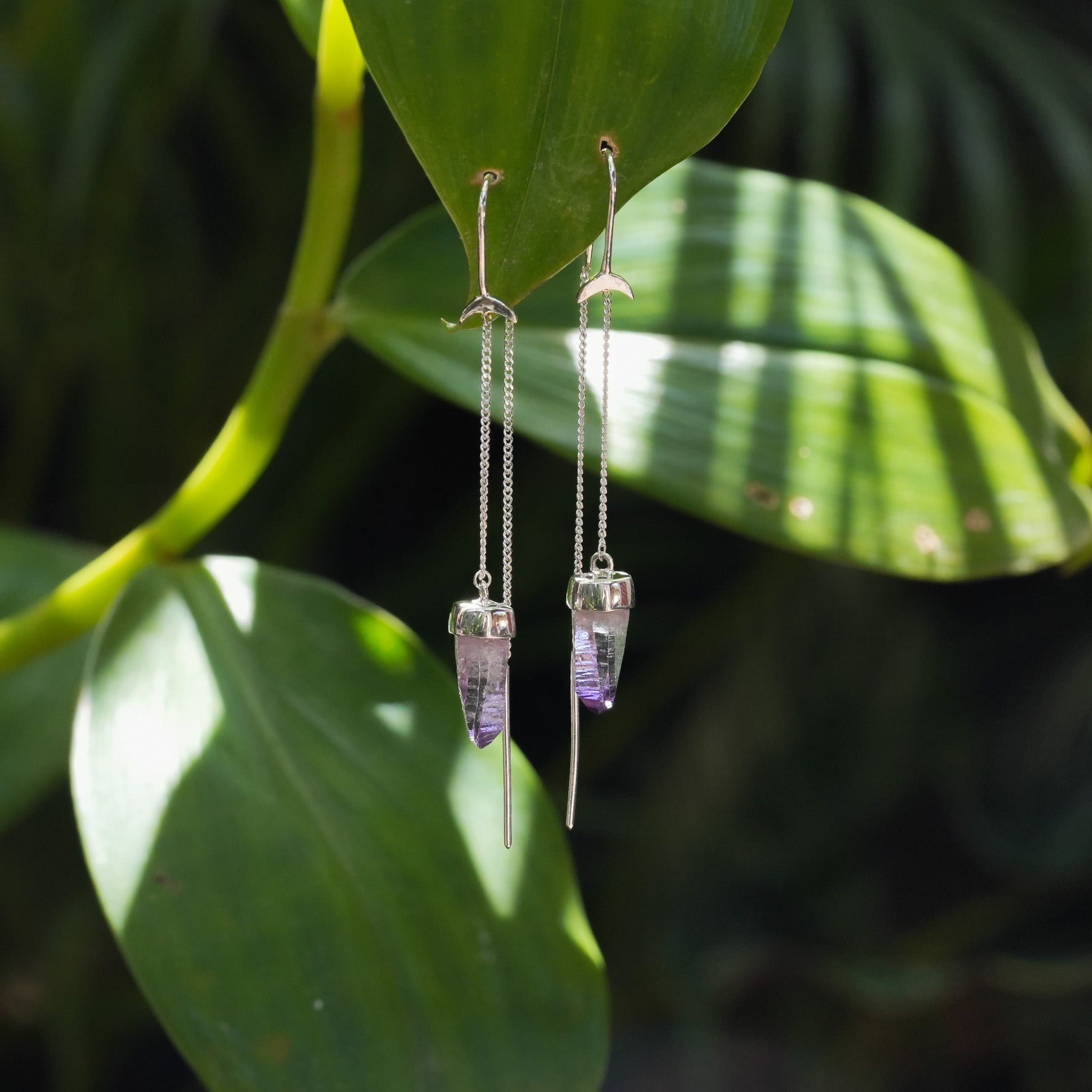 Starborn Vera Cruz Amethyst Crystal Threader Earrings with Crescent Moons Accents in Sterling Silver