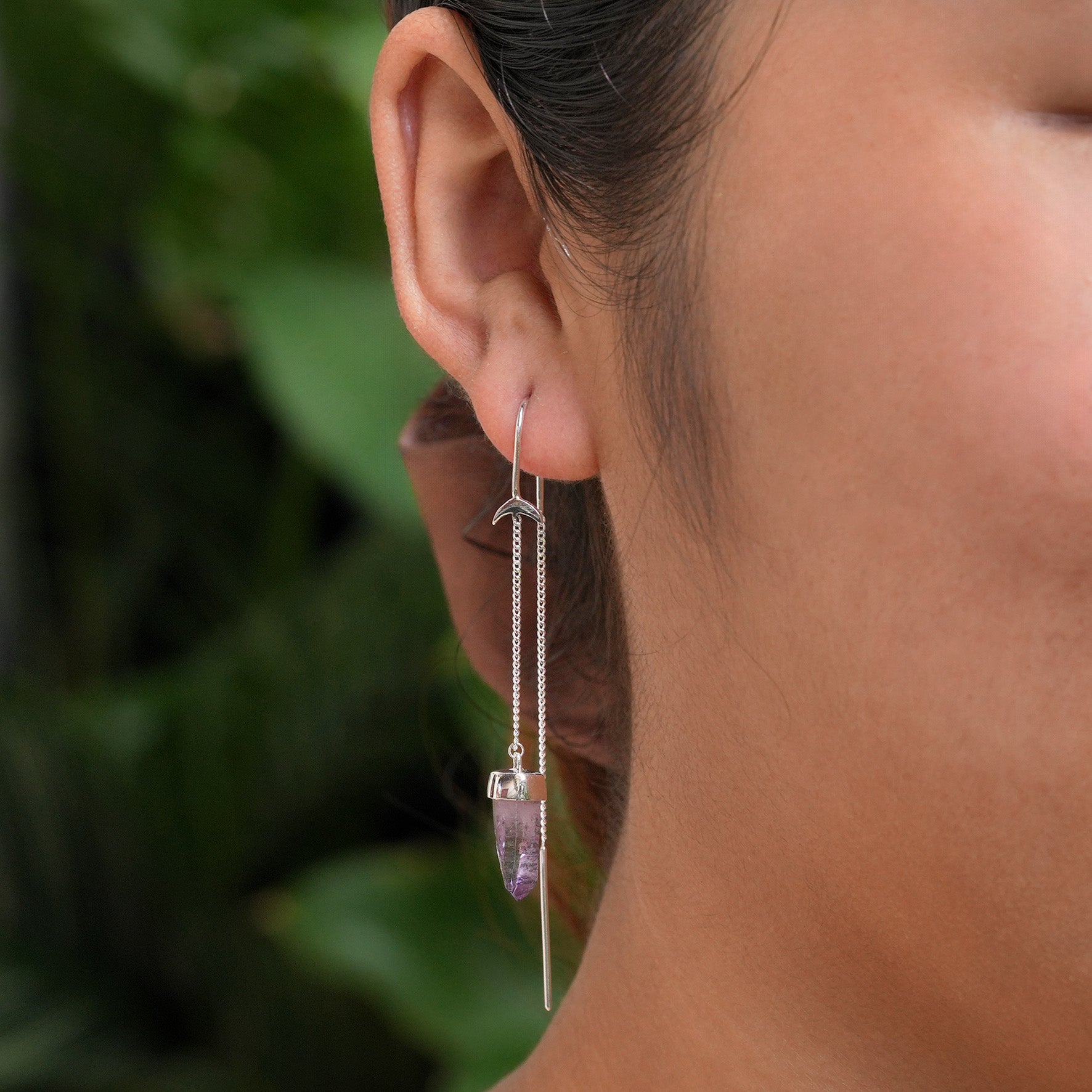 Starborn Vera Cruz Amethyst Crystal Threader Earrings with Crescent Moons Accents in Sterling Silver