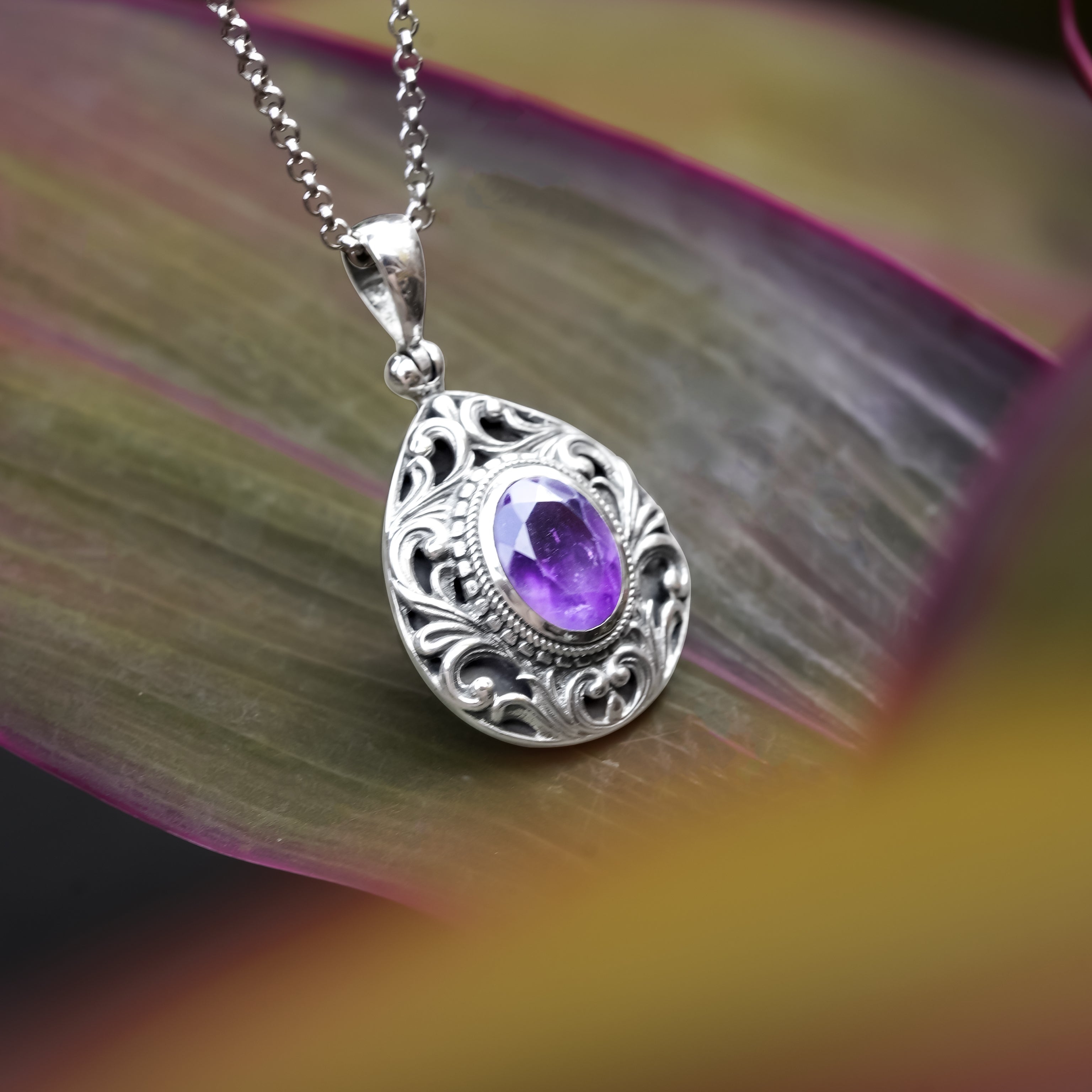 Starborn Faceted Elegant Scroll Amethyst Pendant in Sterling Silver