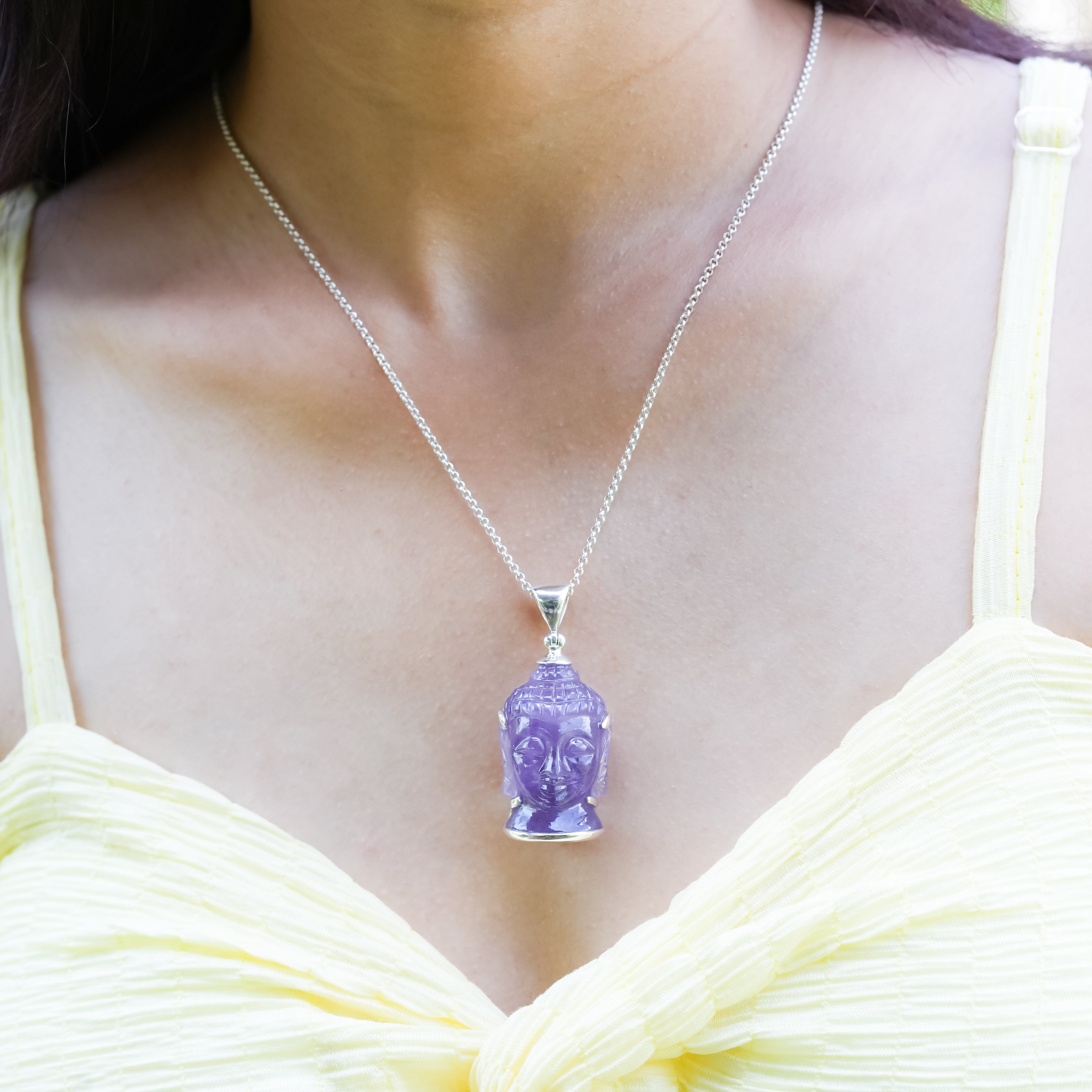 Starborn Carved Gemstone Buddha Head Pendant in Sterling Silver
