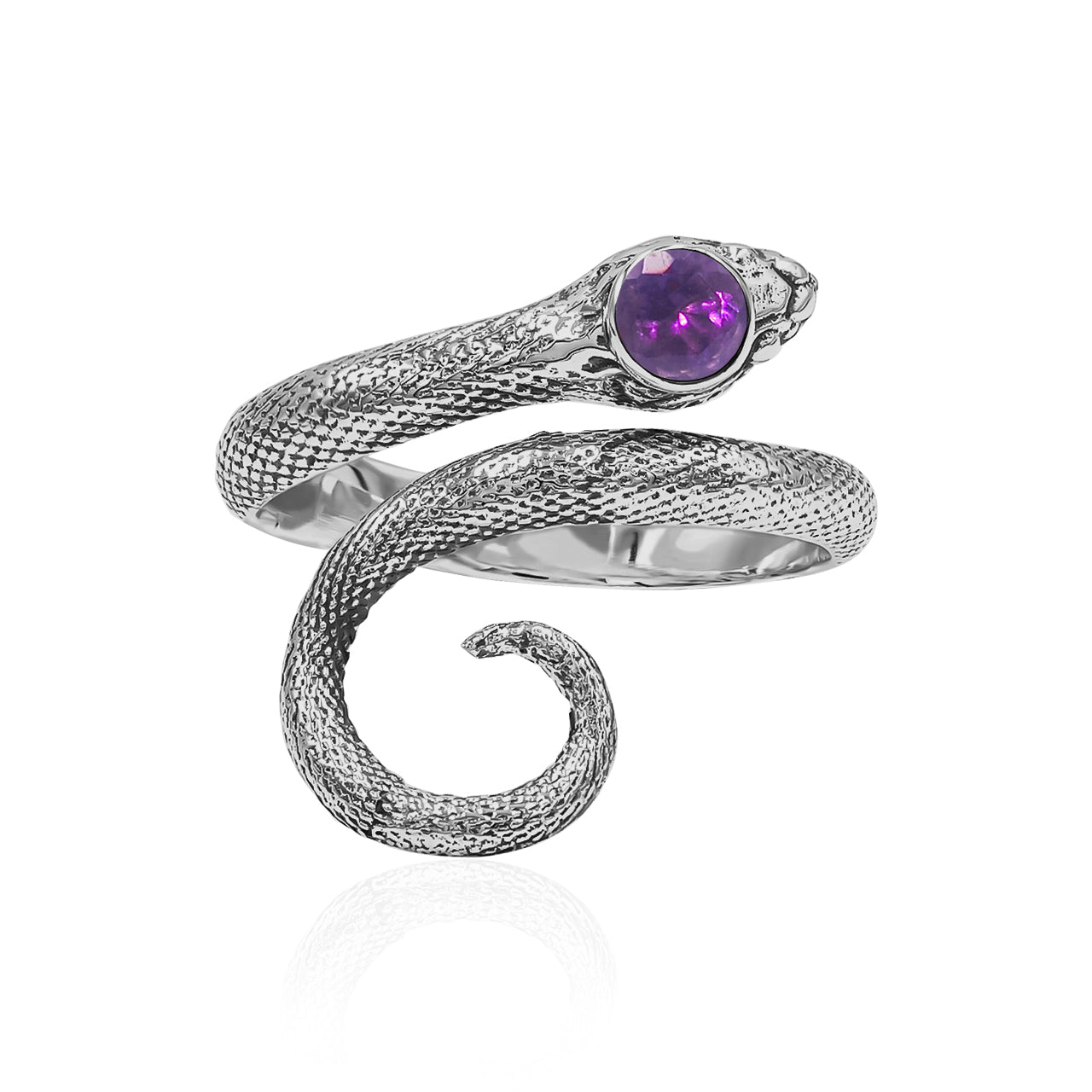 Starborn Coiled Snake Ring with Faceted Amethyst in Sterling Silver