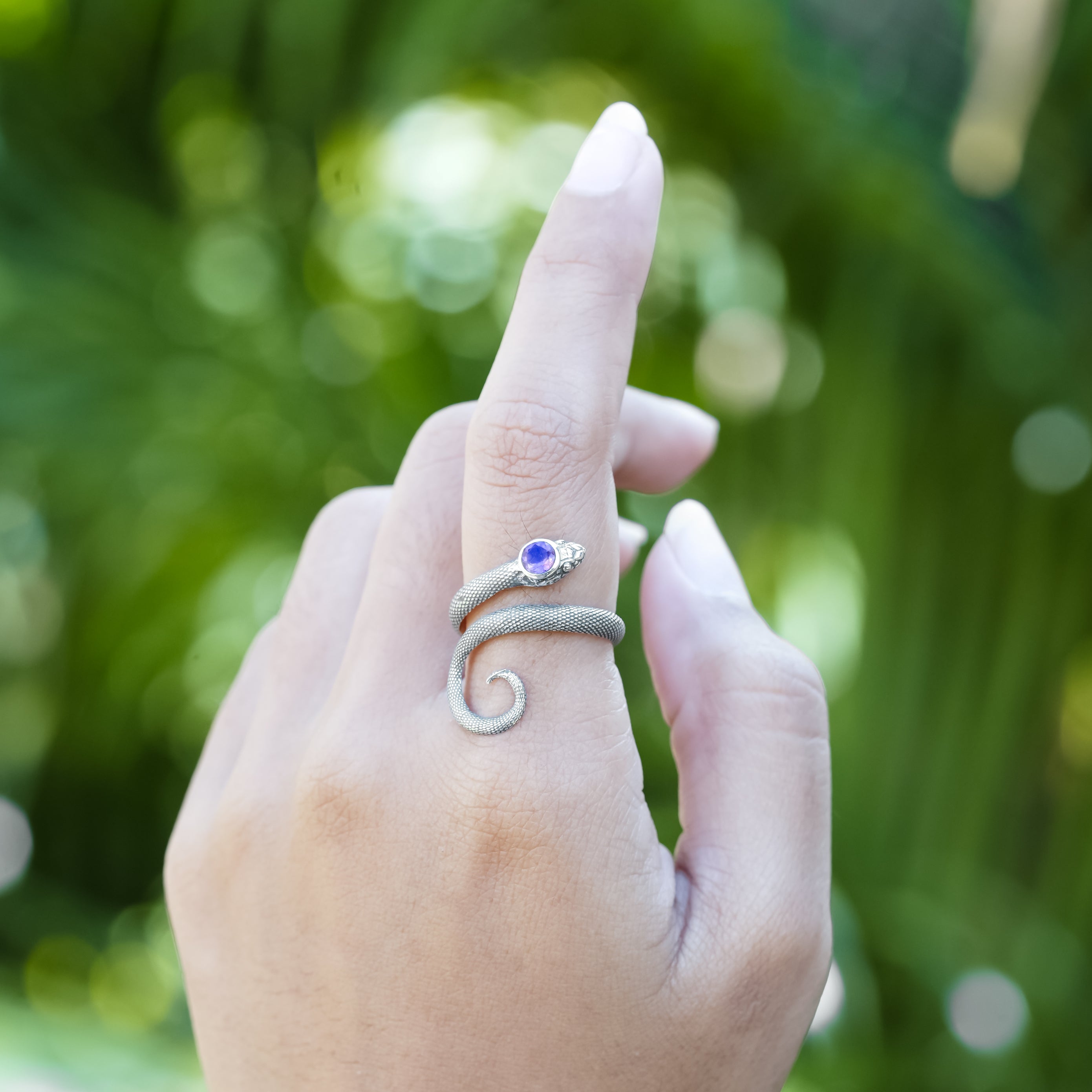 Starborn Coiled Snake Ring with Faceted Amethyst in Sterling Silver