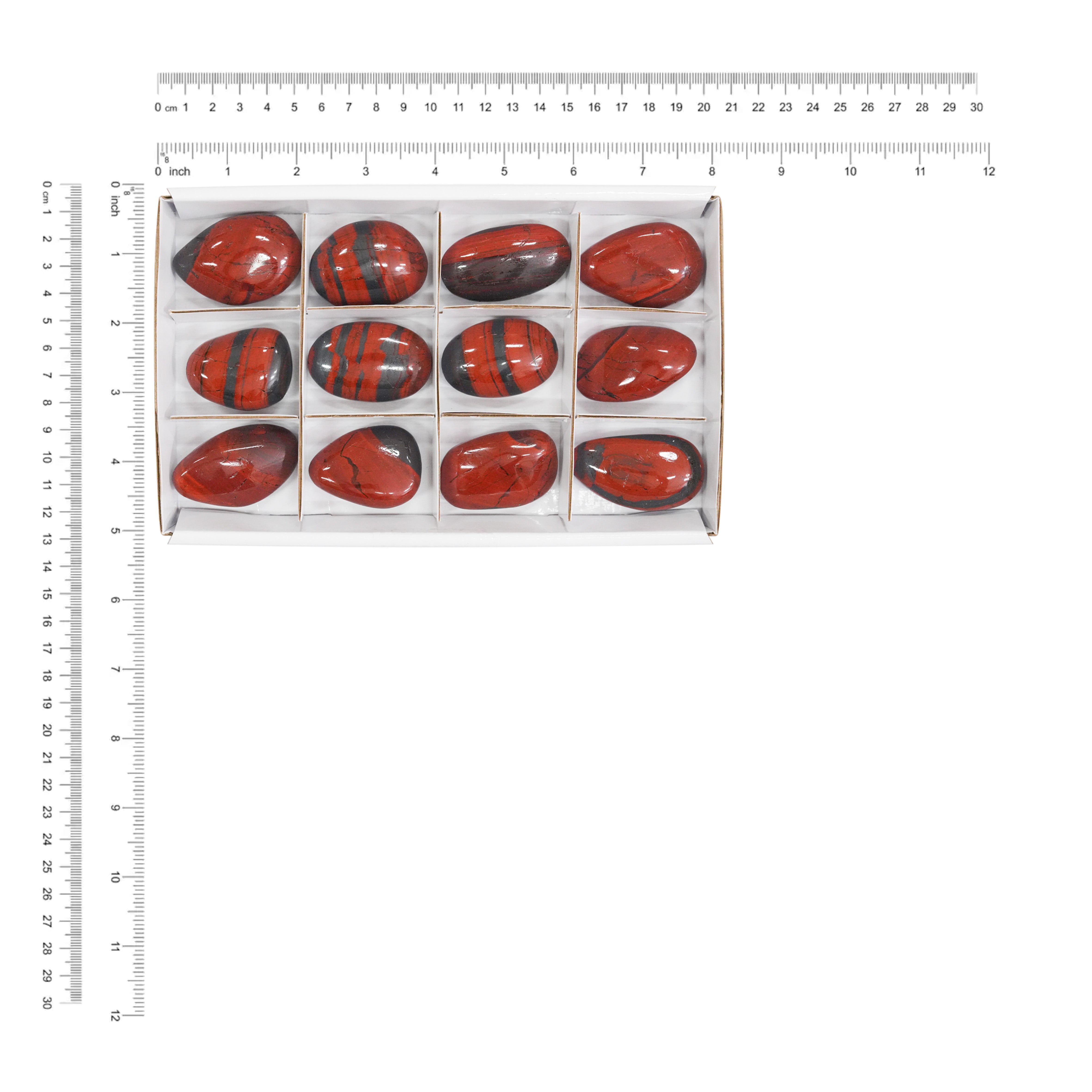 Twelve Ancestralite freeform palm stones displayed next to a measurement chart showing the height and width in centimeters and inches.