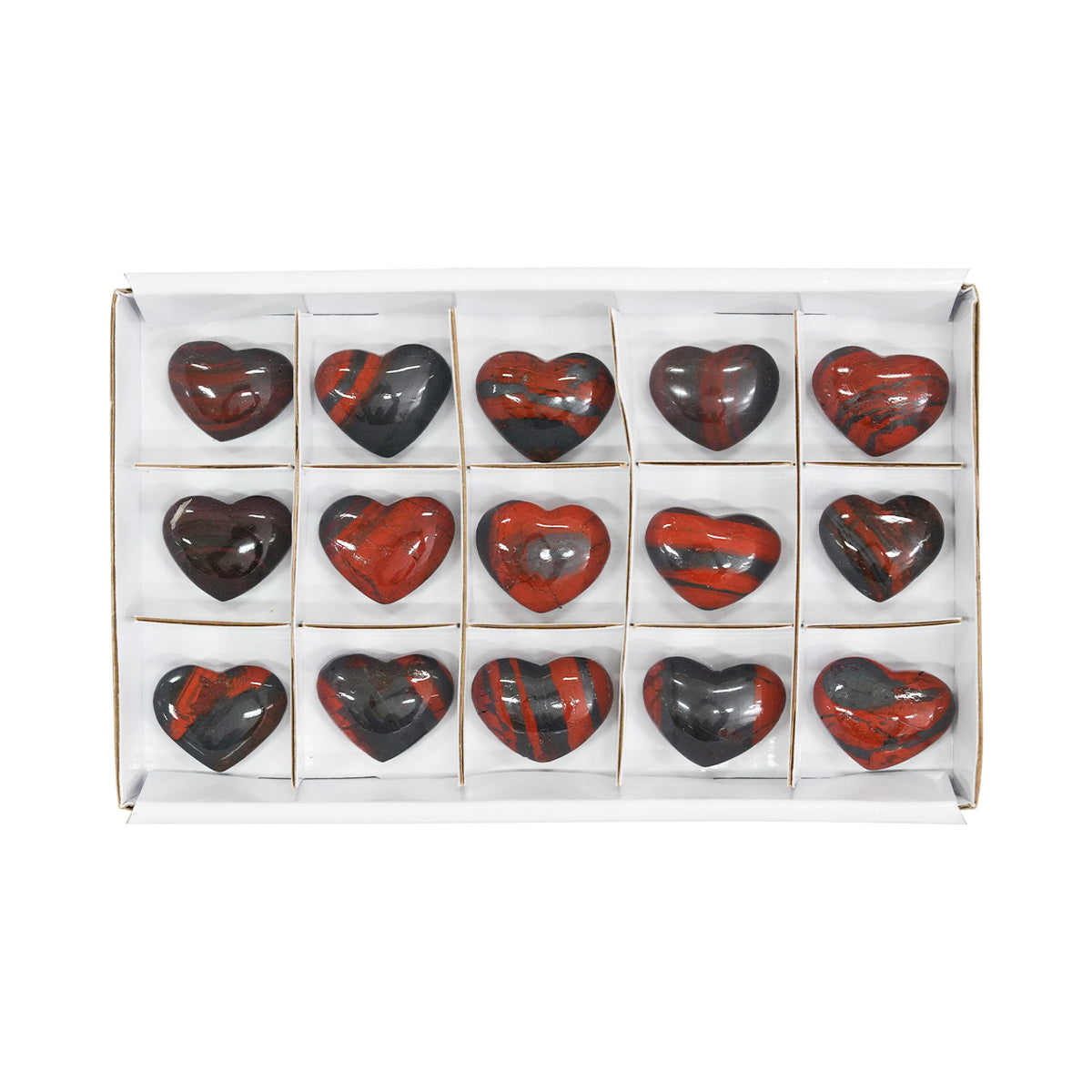 Alternate front view of fifteen Ancestralite heart stones with natural red and dark gray banding
