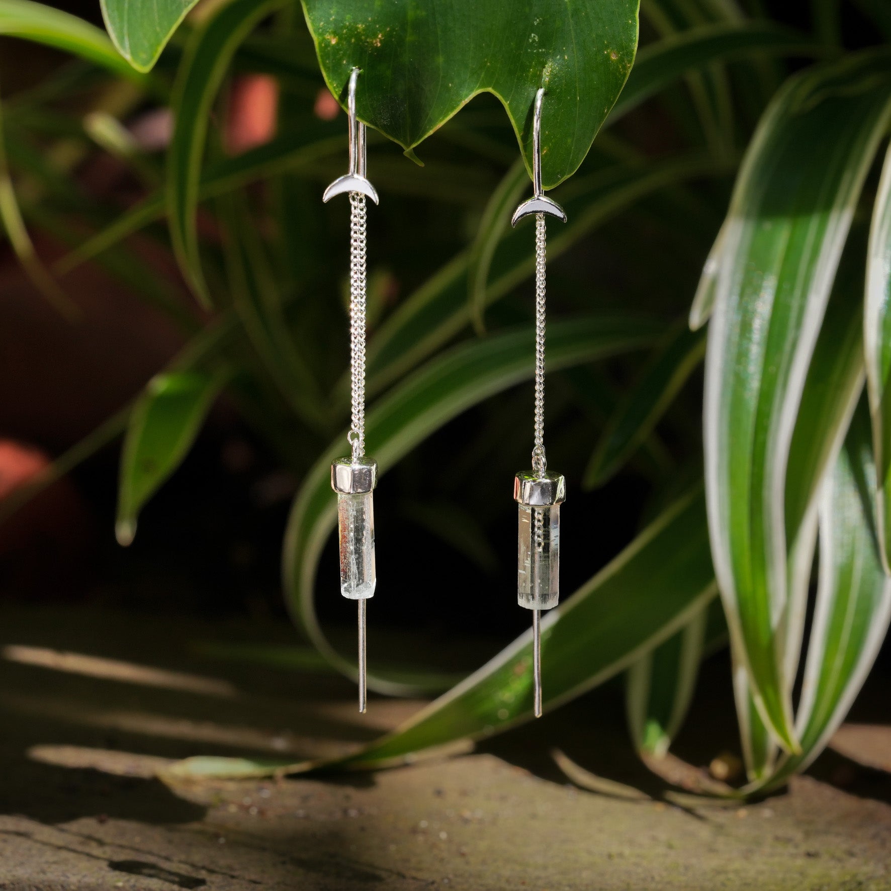 Starborn Aquamarine Crystal Threader Earrings with Crescent Moon Accents in Sterling Silver