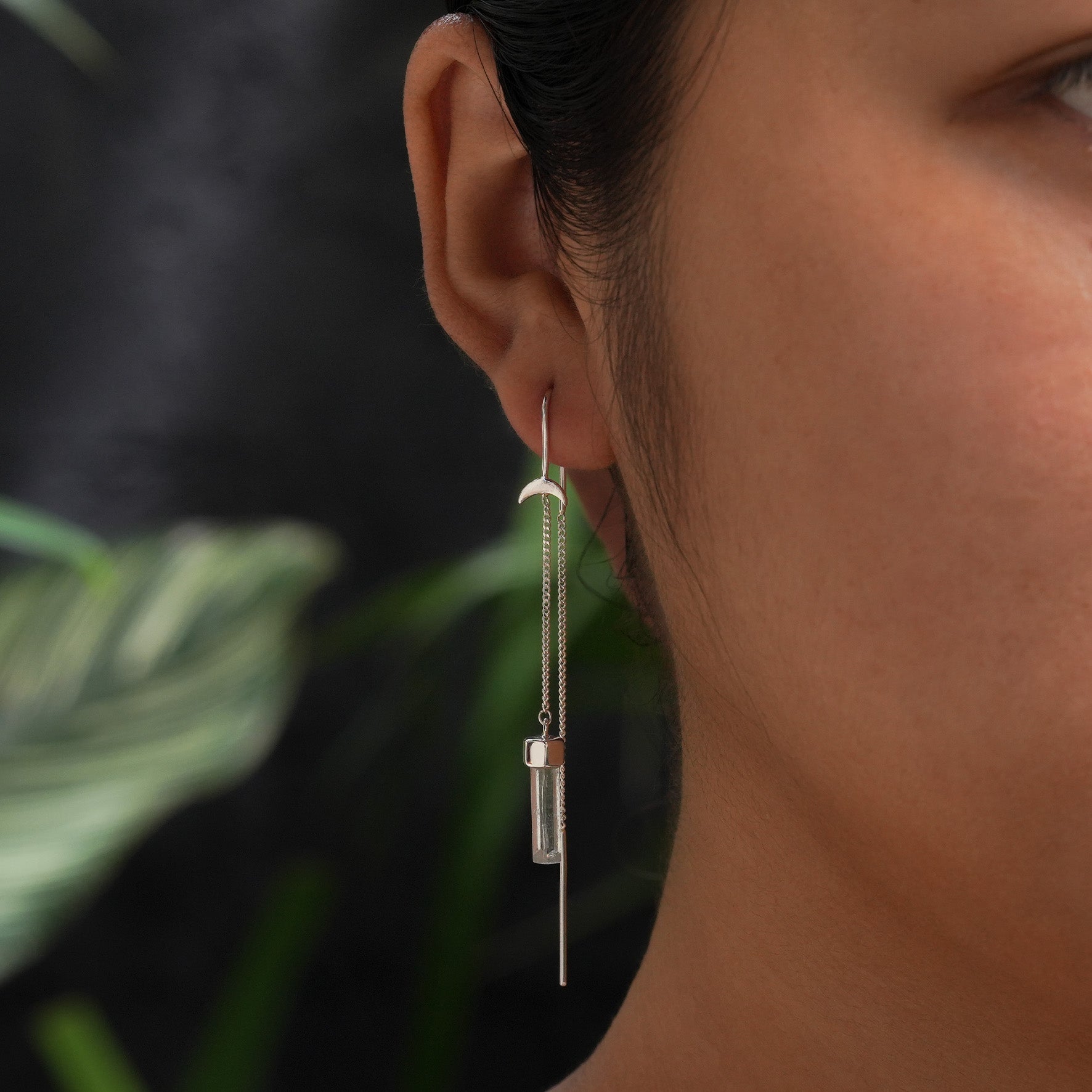 Starborn Aquamarine Crystal Threader Earrings with Crescent Moon Accents in Sterling Silver