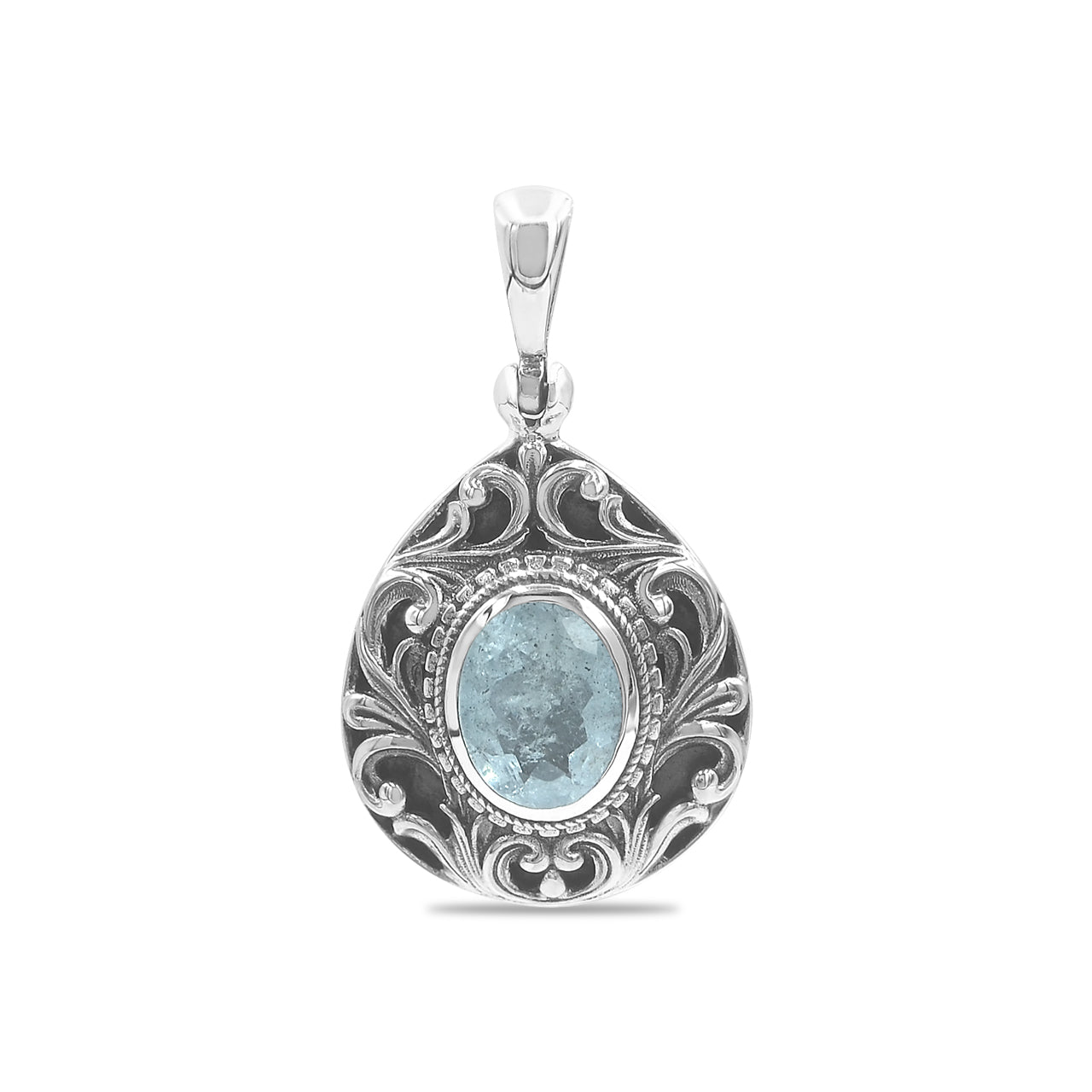 Starborn Faceted Elegant Scroll Aquamarine Pendant in Sterling Silver