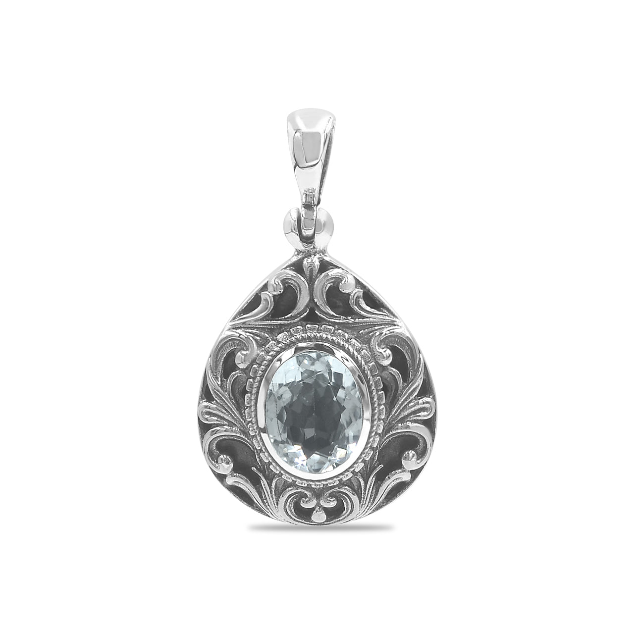 Starborn Faceted Elegant Scroll Aquamarine Pendant in Sterling Silver