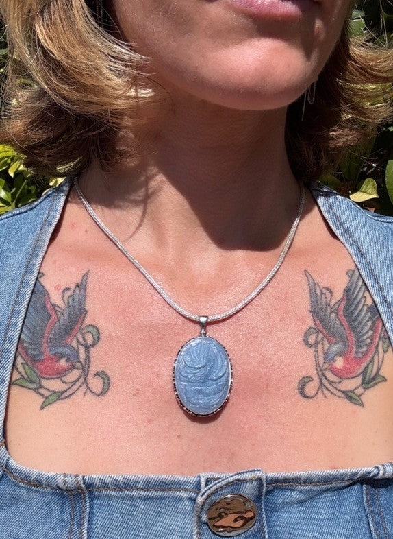 Starborn Medieval Swedish Ore Glass Dragon Carving Pendant in Sterling Silver