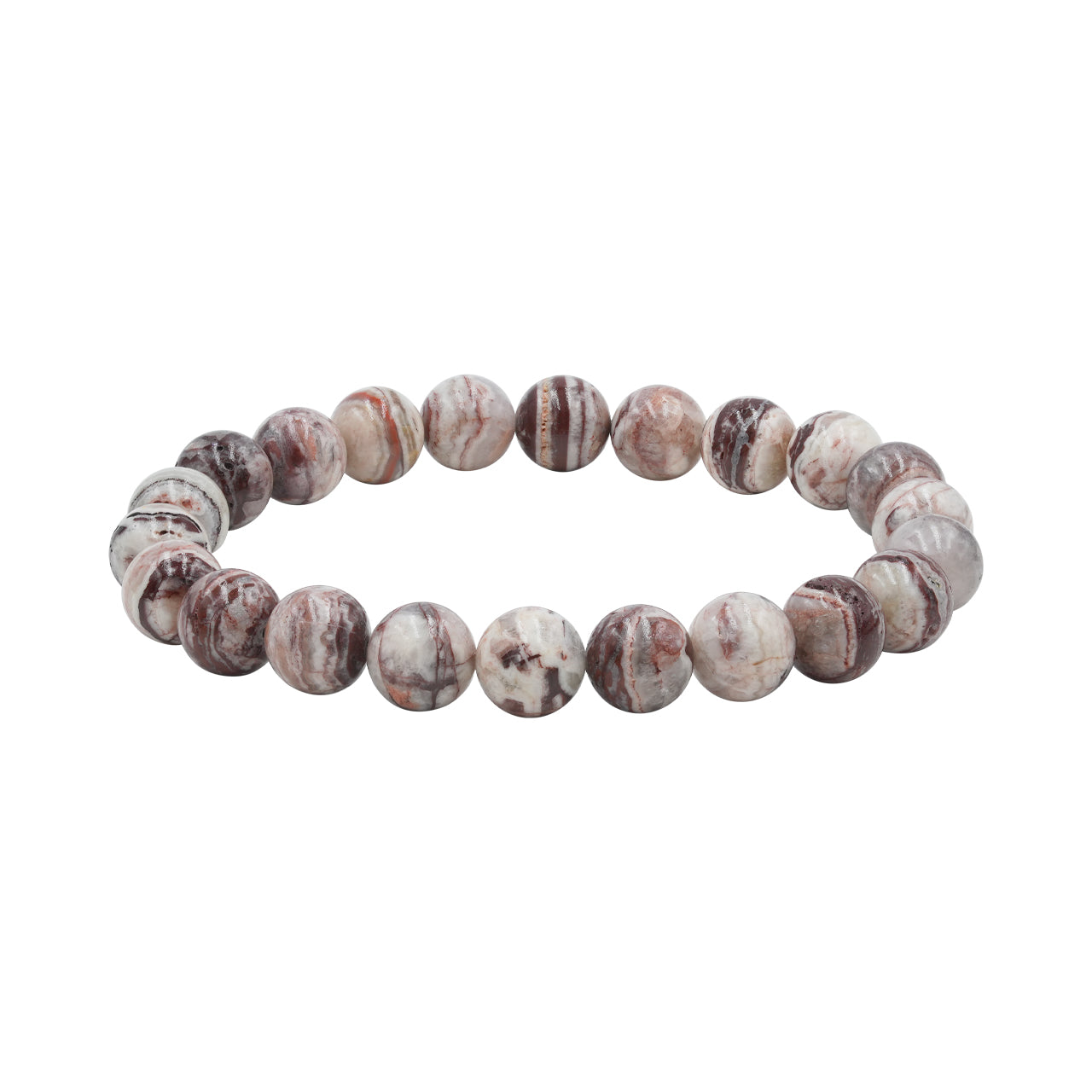 Alternate angled view of the Arizona Agate Mountain bead bracelet showing variation in bead color and patterns.