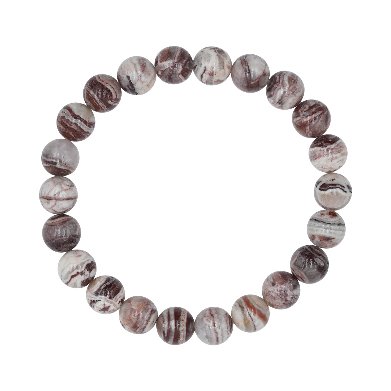 Front view of a round Arizona Agate Mountain bead bracelet showing polished beads with natural grey, white, and reddish-brown banding.