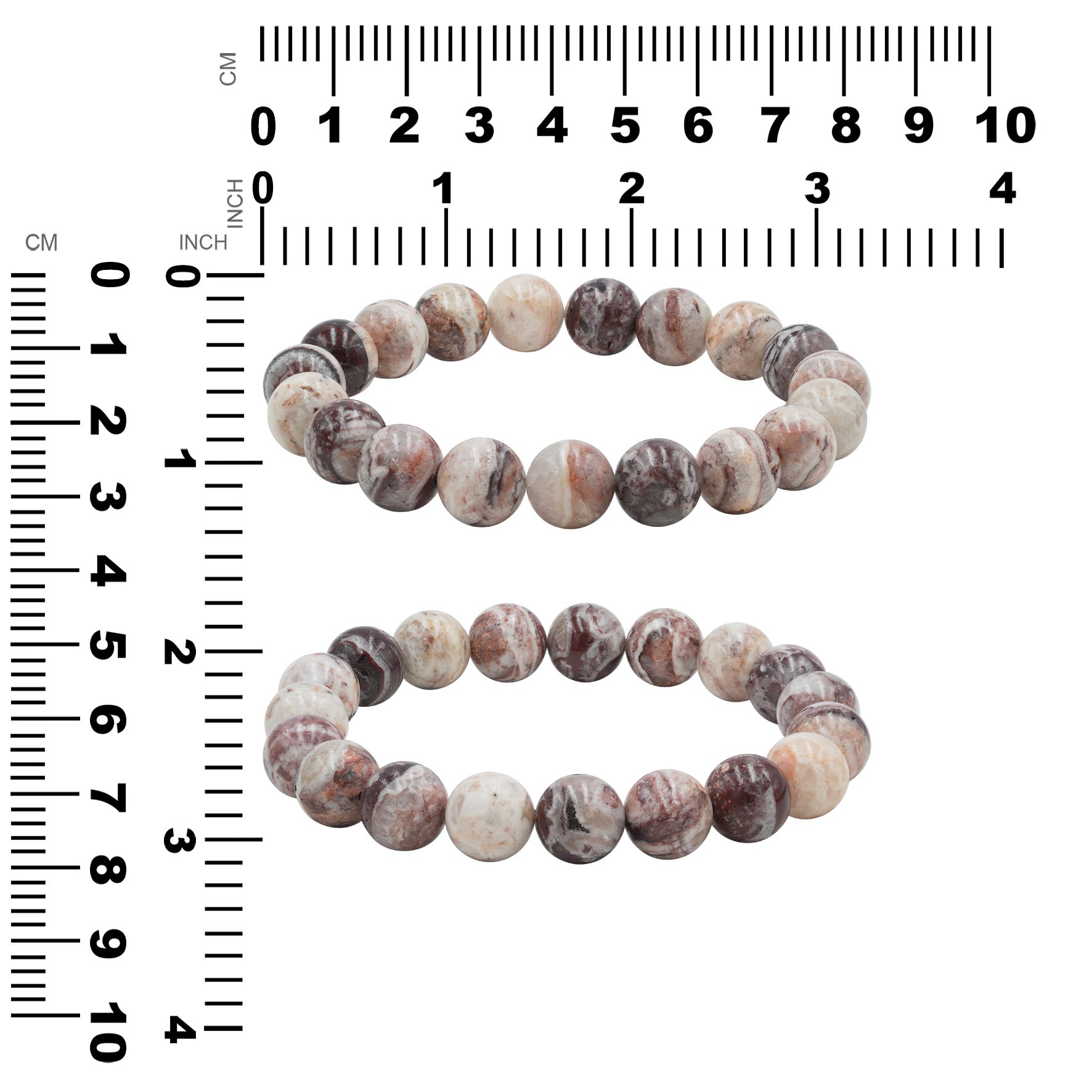 Pair of Arizona Agate Mountain bead bracelet shown next to measurement chart, showing the height and width in inches and centimeters.